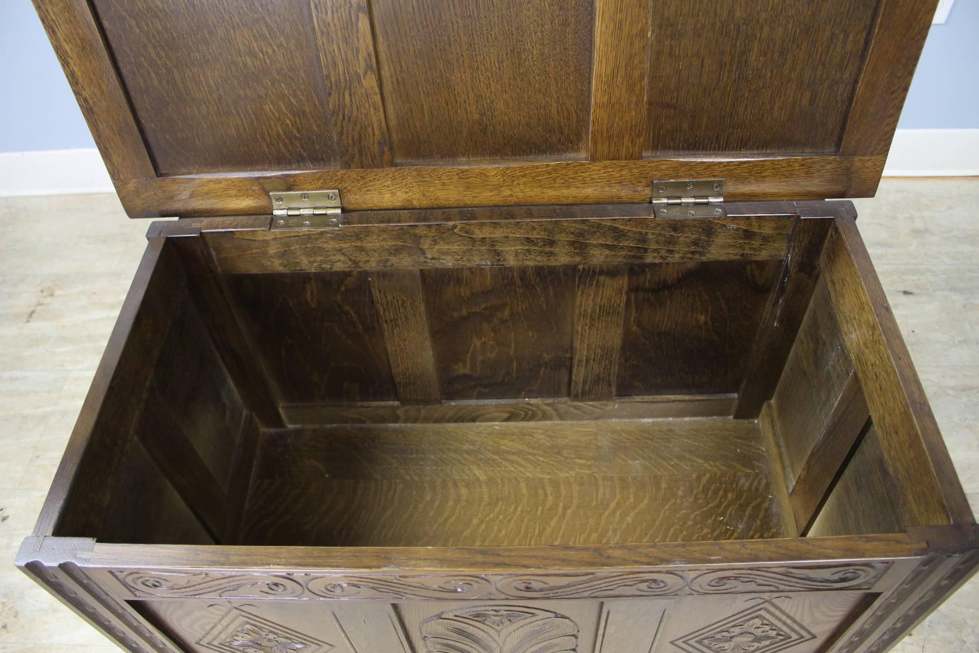 Carved English Oak Three-Panel Box or Coffer For Sale 1