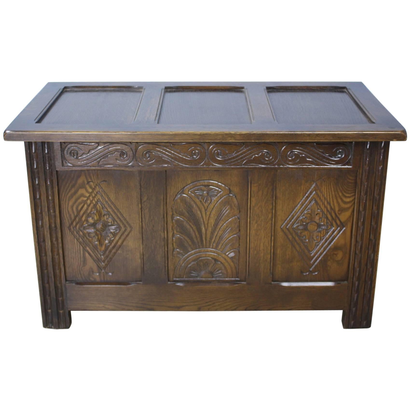 Carved English Oak Three-Panel Box or Coffer