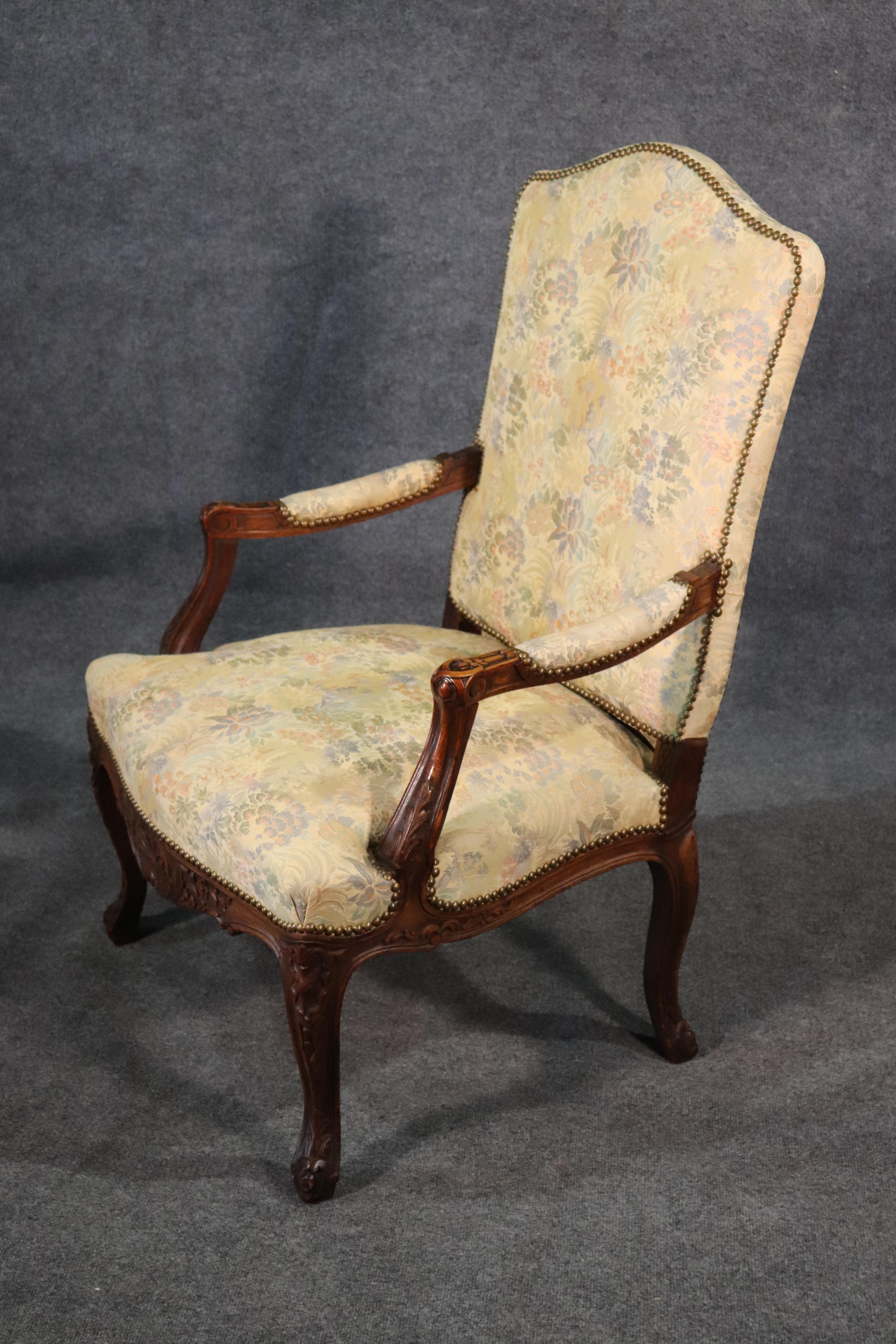 Mid-20th Century Carved English Walnut Georgian Armchair with Tapestry Upholstery and Nailheads For Sale