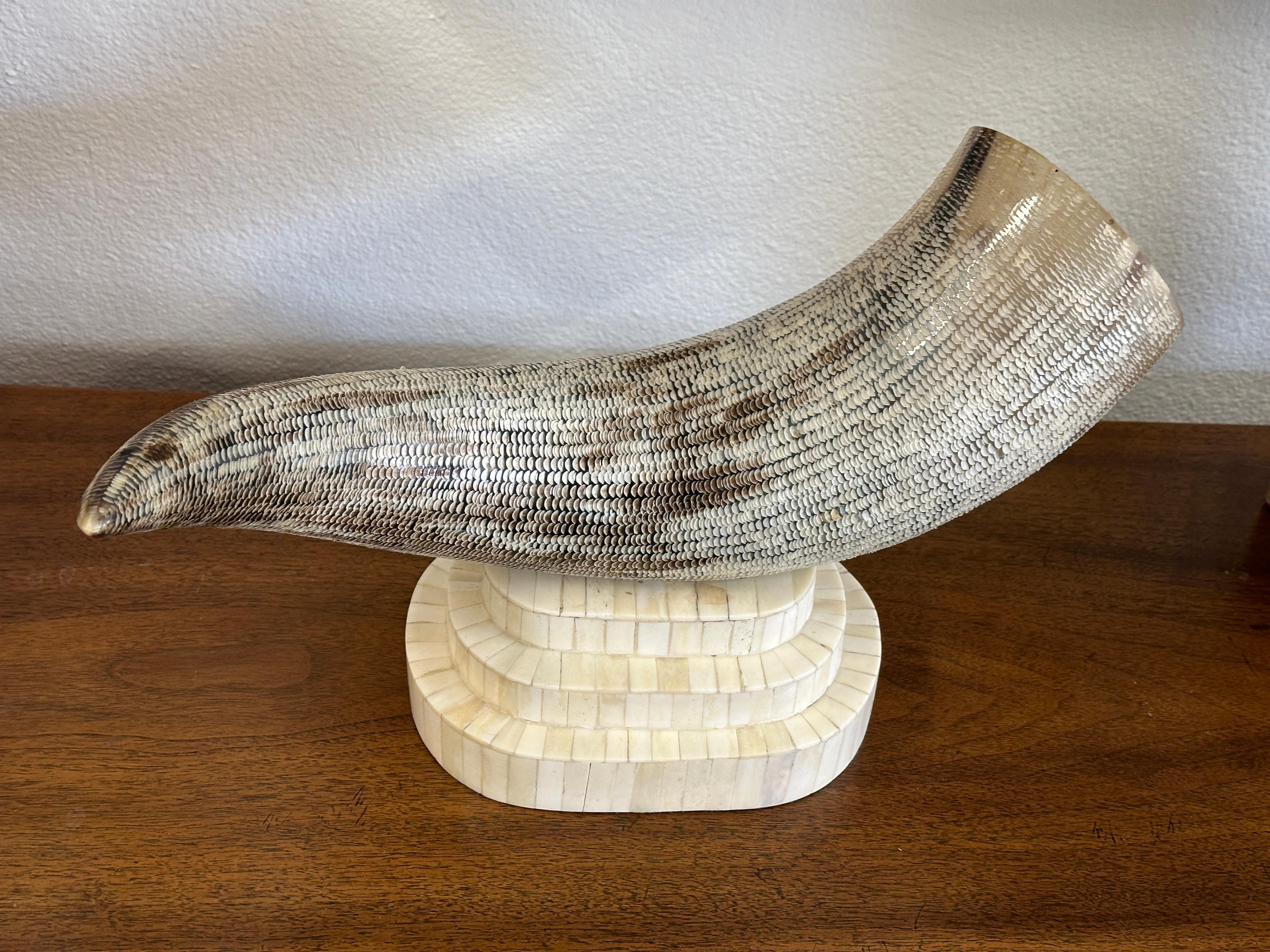 Carved Etched Horn Mounted on a Tesselated Bone Base For Sale 8