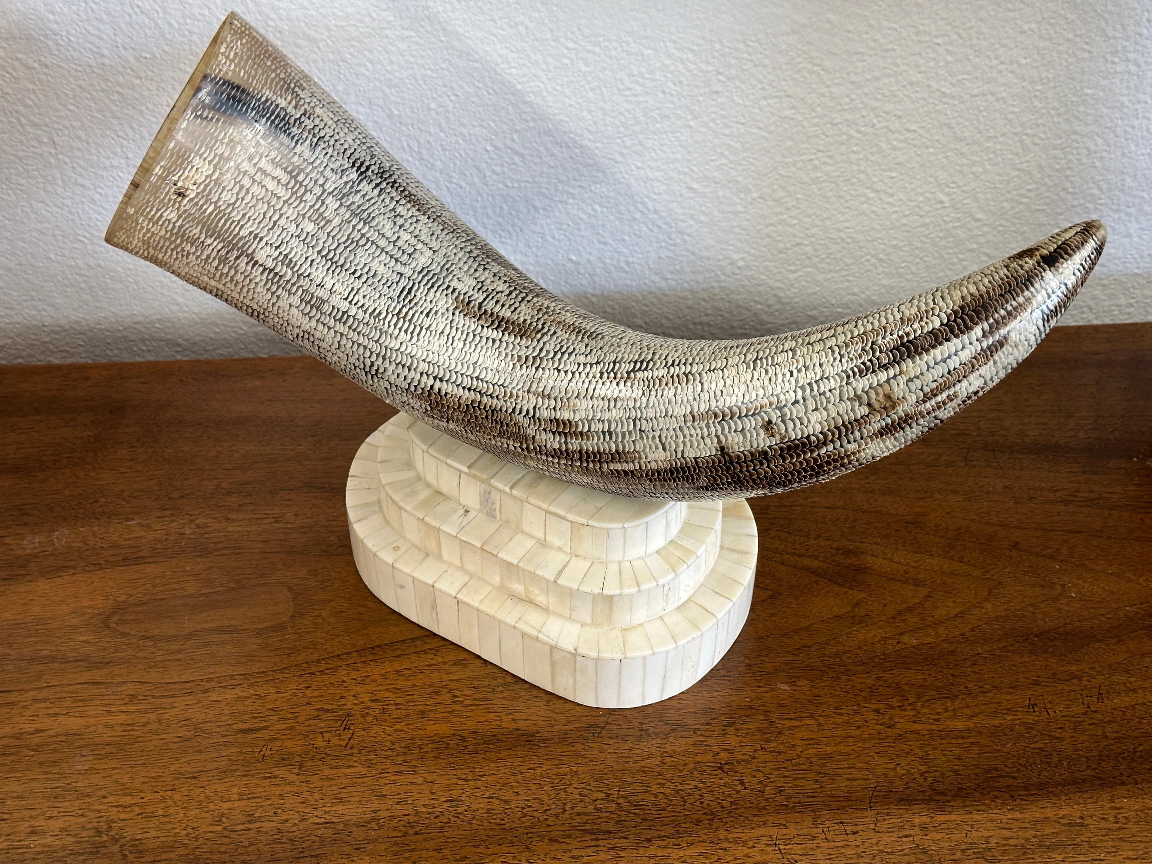 Carved Etched Horn Mounted on a Tesselated Bone Base For Sale 10