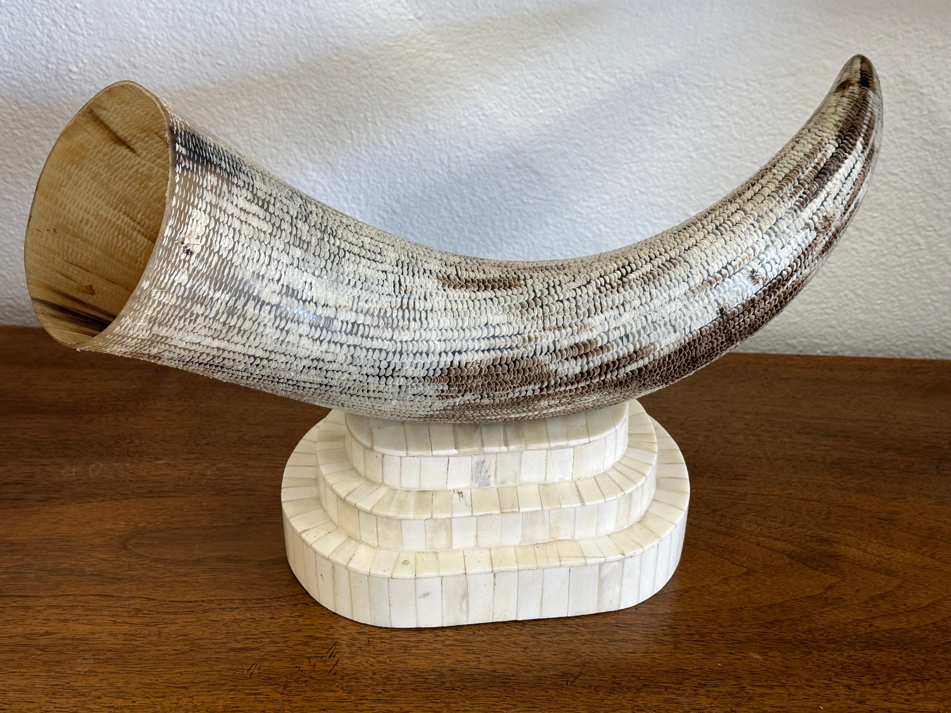 Carved Etched Horn Mounted on a Tesselated Bone Base For Sale 1