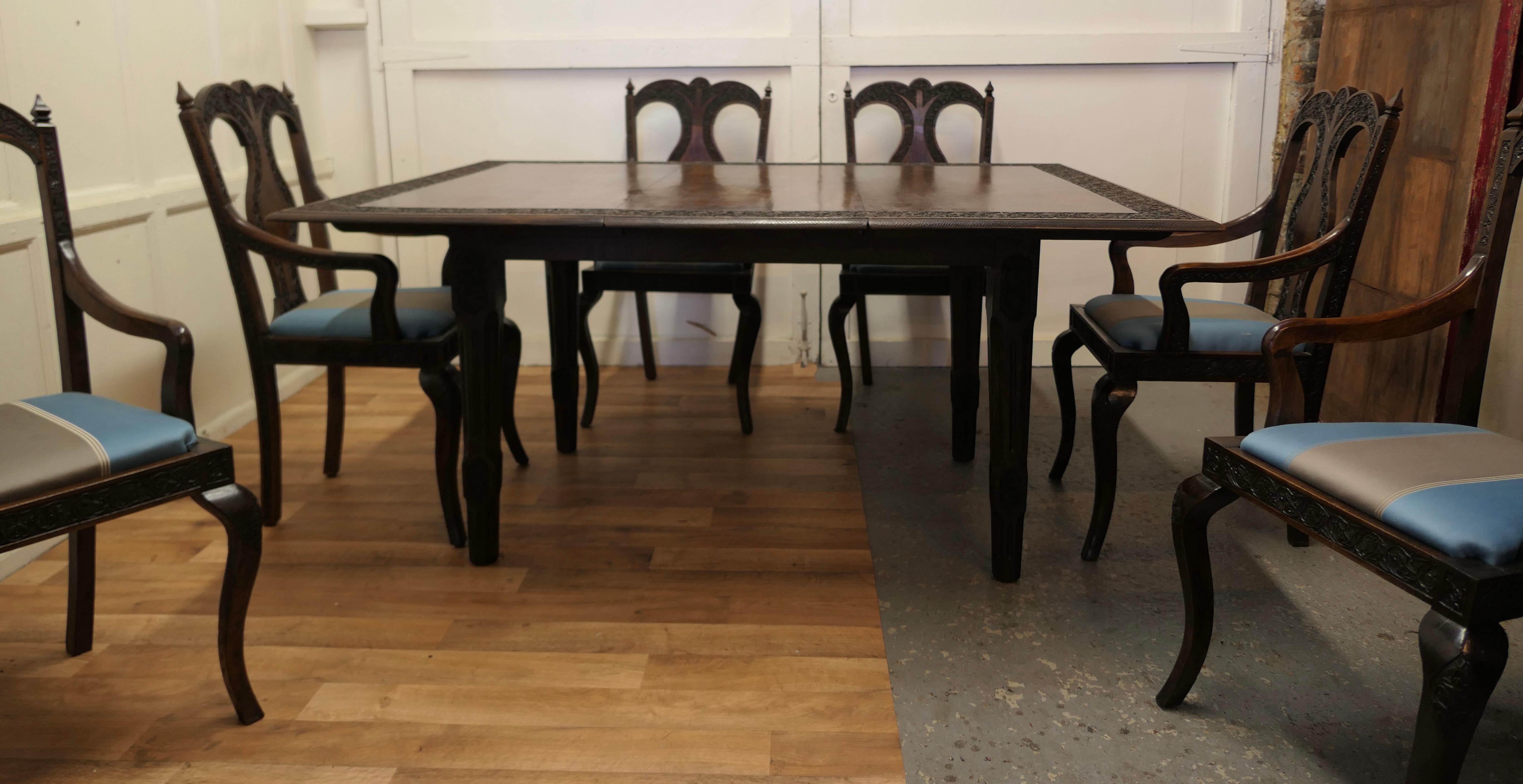 19th Century Carved Extending Table and 6 Matching Carver Chairs