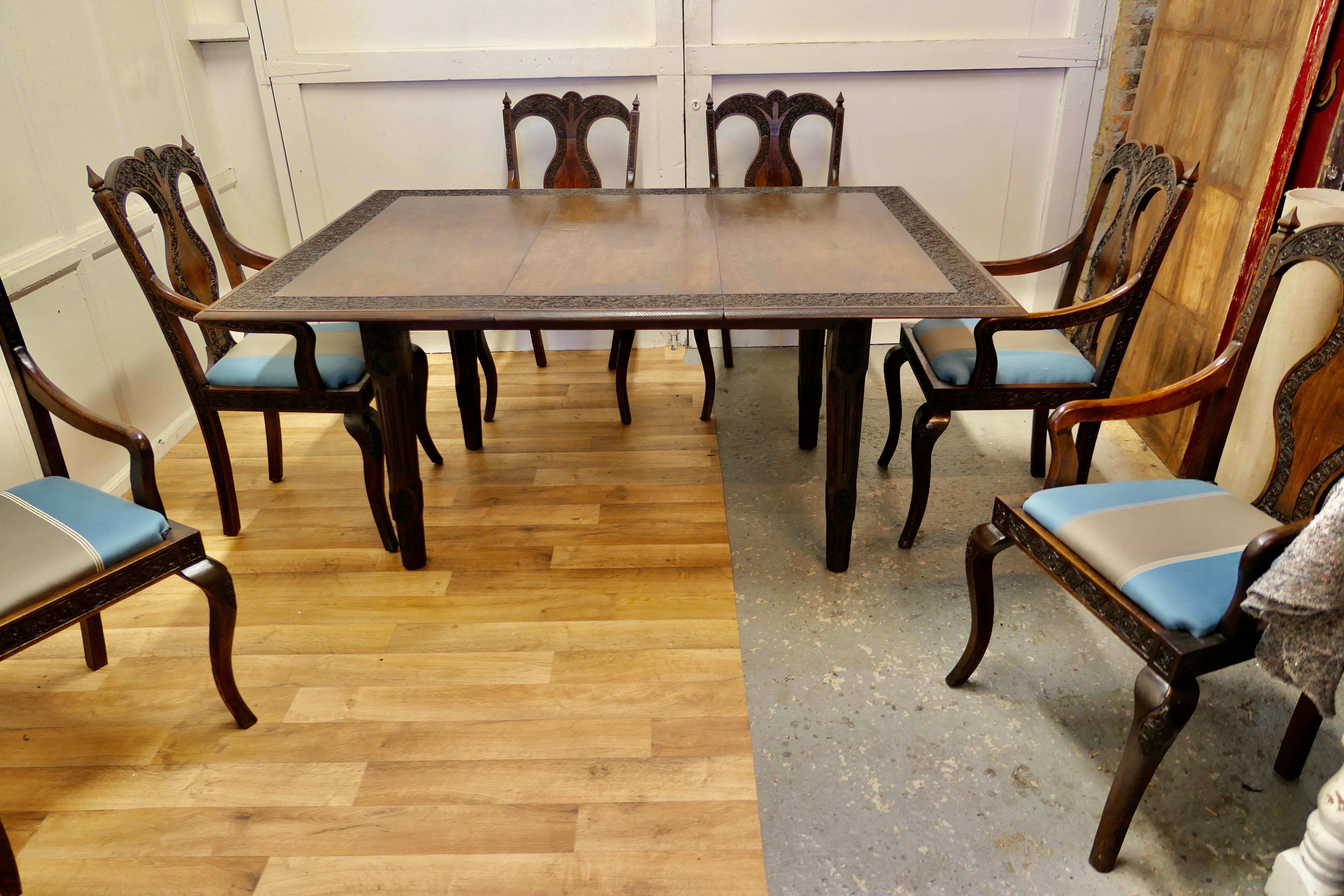Walnut Carved Extending Table and 6 Matching Carver Chairs