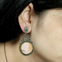 Carved Face Cameo Earring with Emerald & Diamond Made in 18k Gold & Silver