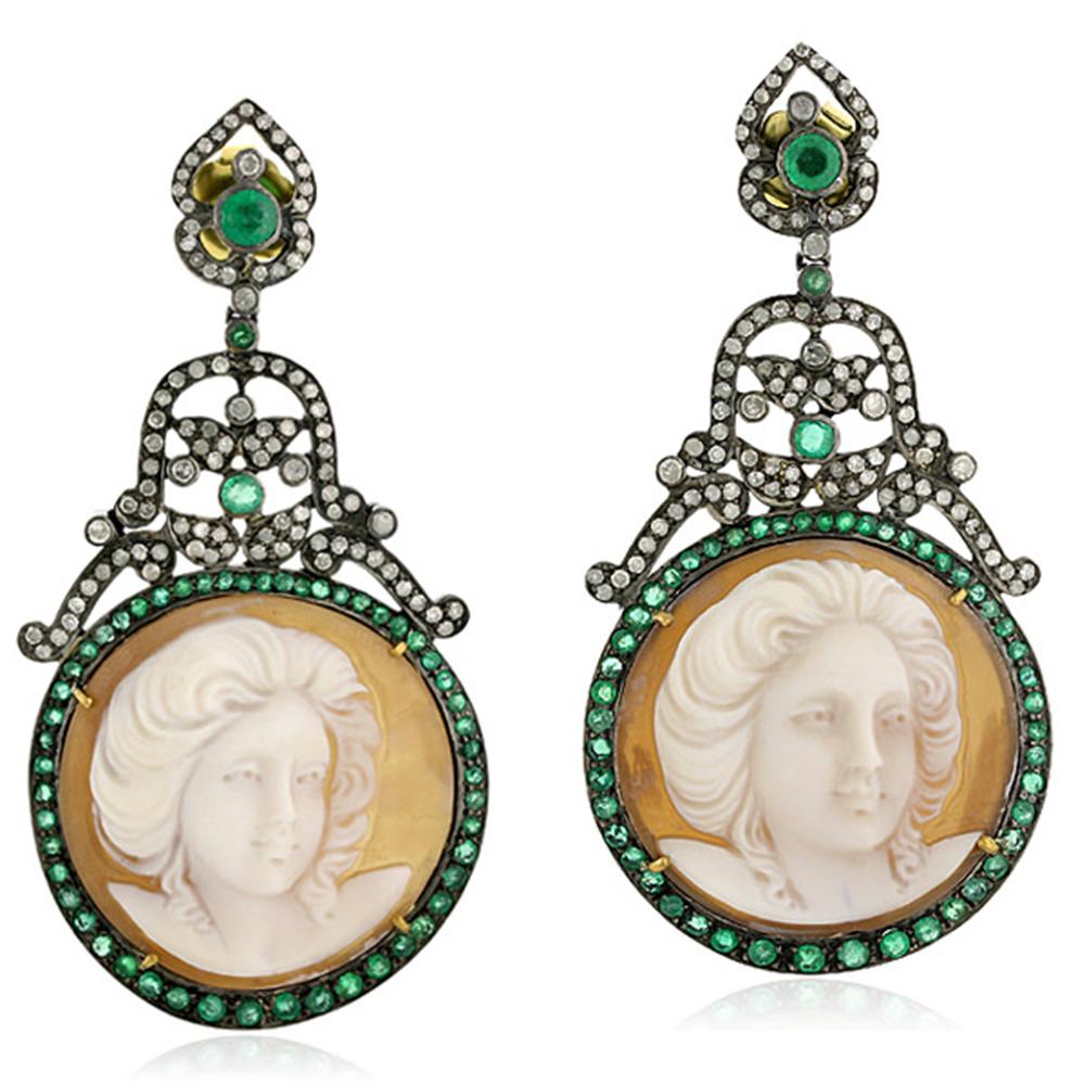 Art Deco Carved Face Cameo Earring with Emerald & Diamond Made in 18k Gold & Silver For Sale