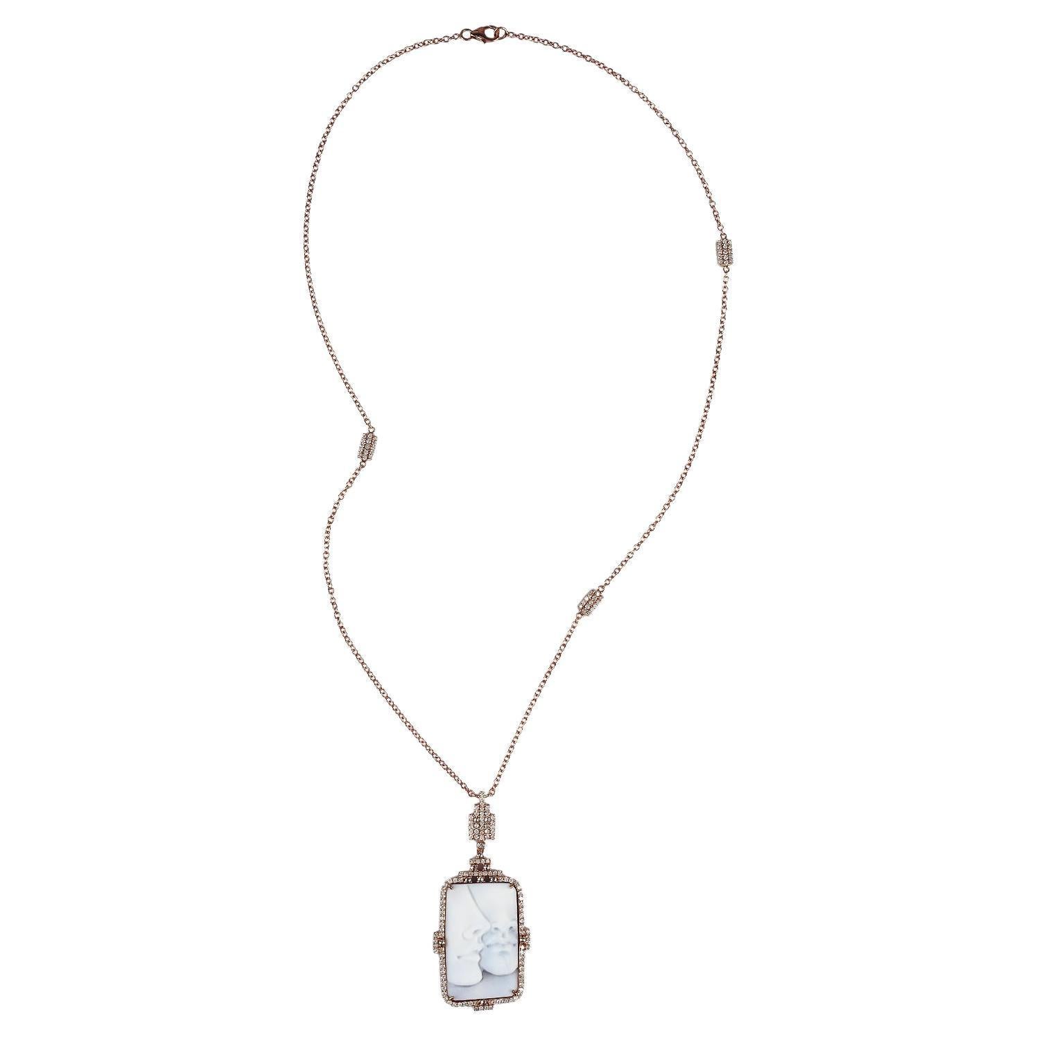 Geschnitztes Gesicht Muschel Kamee Motiv mit Diamanten Kette Halskette In 18k Gold gemacht