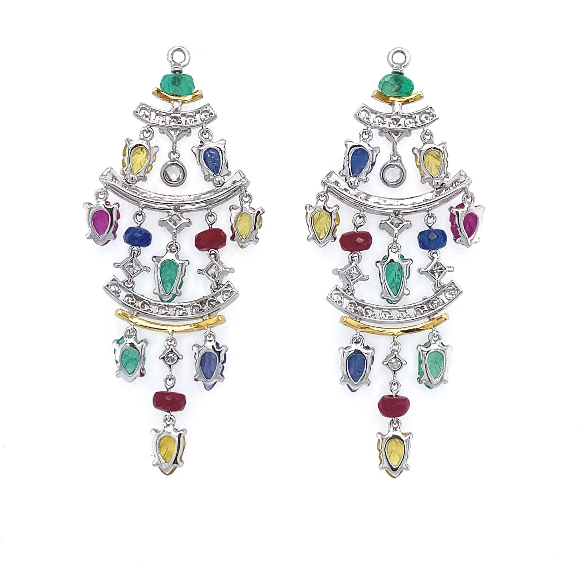 Art Deco Carved Fancy Sapphires and Diamond Earrings by Dilys’ in 18K Gold
