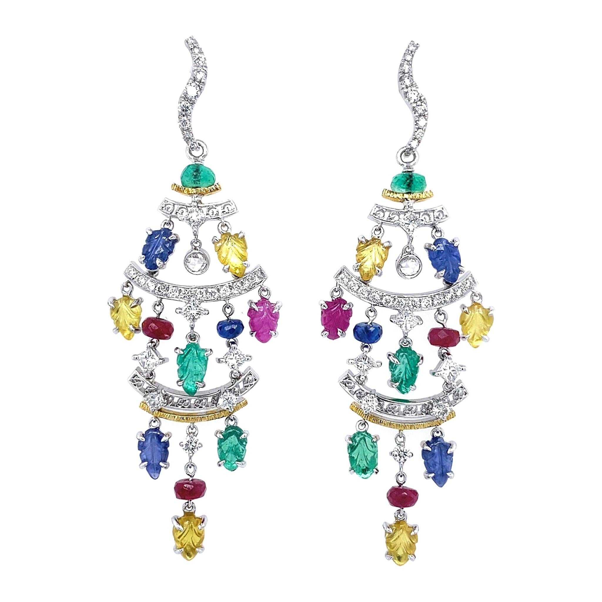 Carved Fancy Sapphires and Diamond Earrings by Dilys’ in 18K Gold