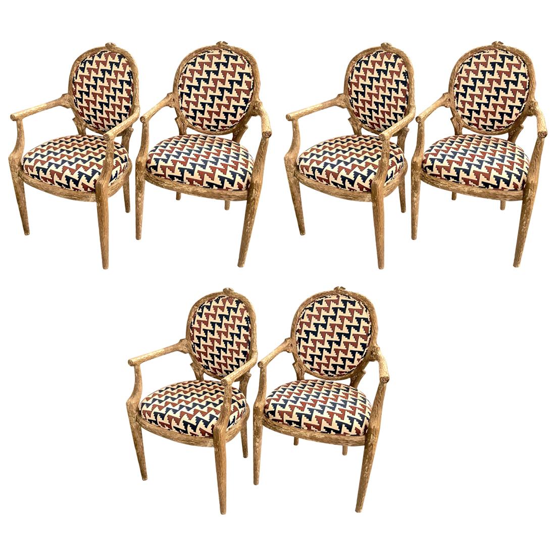 Carved Faux Bois Caned Chairs, Set of 6