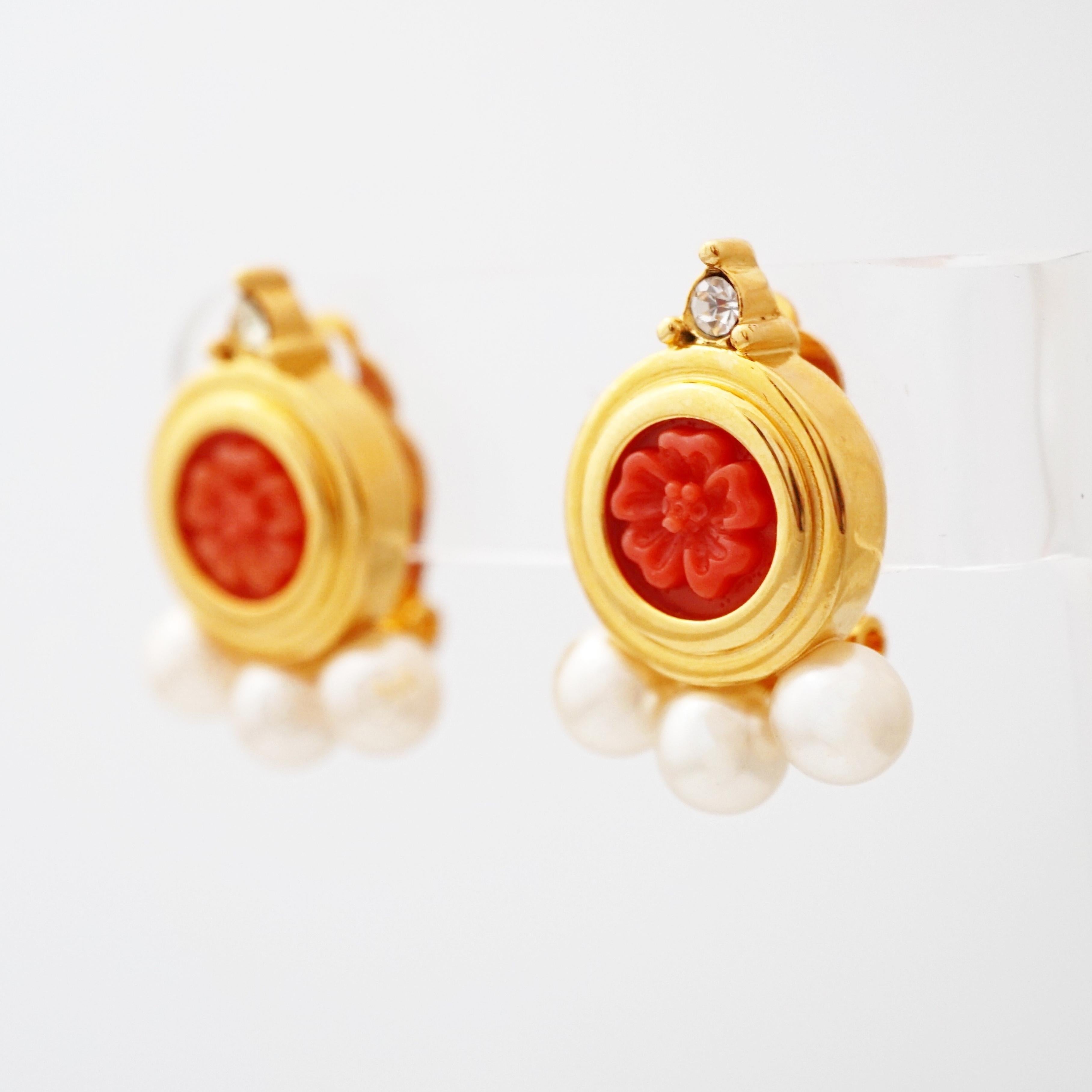 Modern Carved Faux Coral Earrings With Pearl Details By Joan Rivers, 1990s