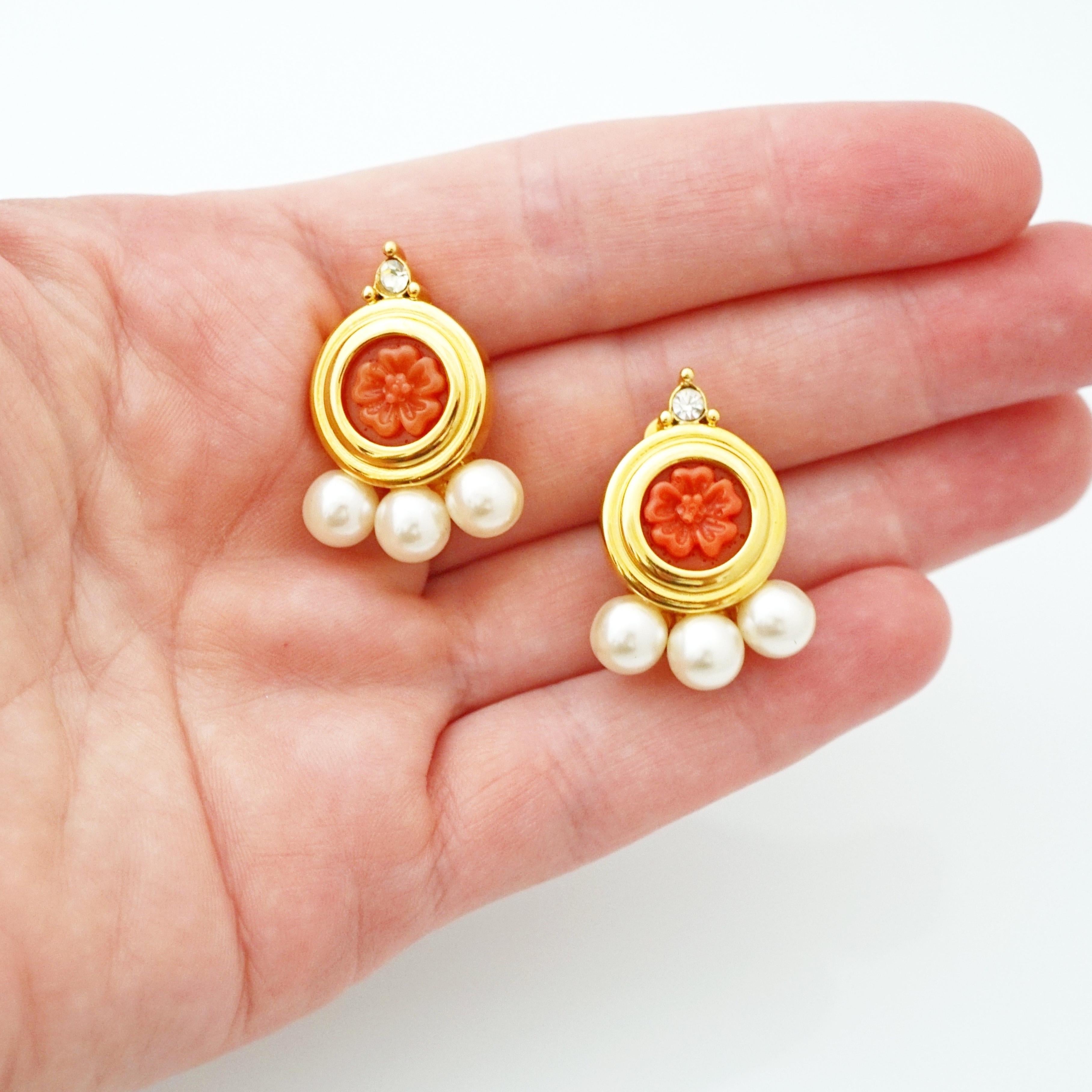 Women's Carved Faux Coral Earrings With Pearl Details By Joan Rivers, 1990s