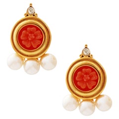 Vintage Carved Faux Coral Earrings With Pearl Details By Joan Rivers, 1990s