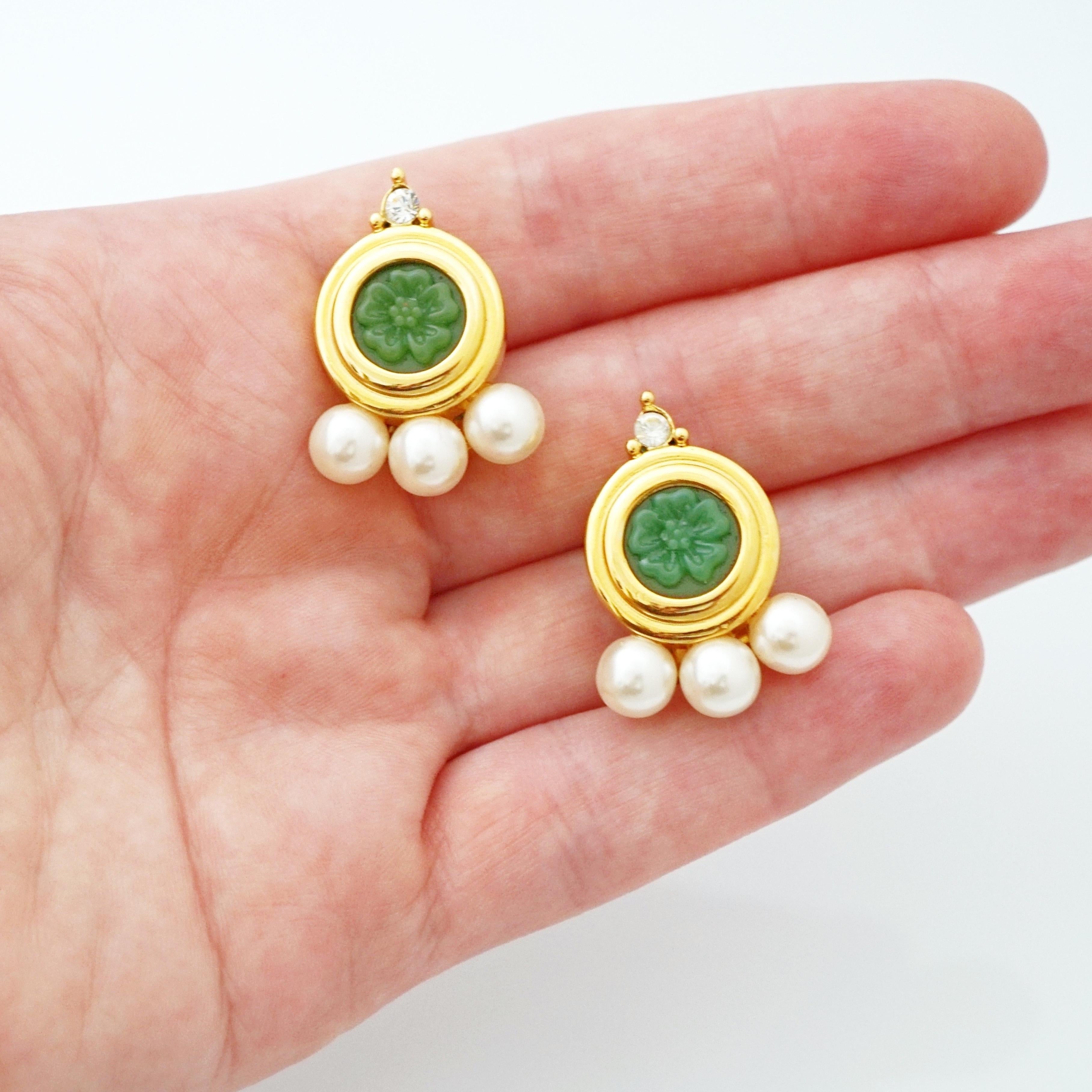 Modern Carved Faux Jade Earrings With Pearl Details By Joan Rivers, 1990s For Sale