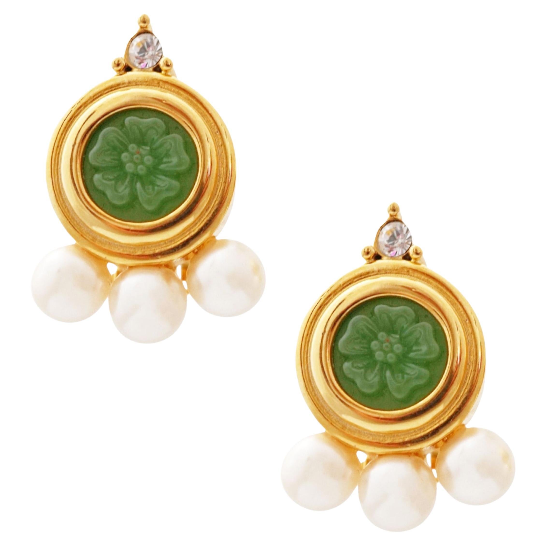 Carved Faux Jade Earrings With Pearl Details By Joan Rivers, 1990s For Sale