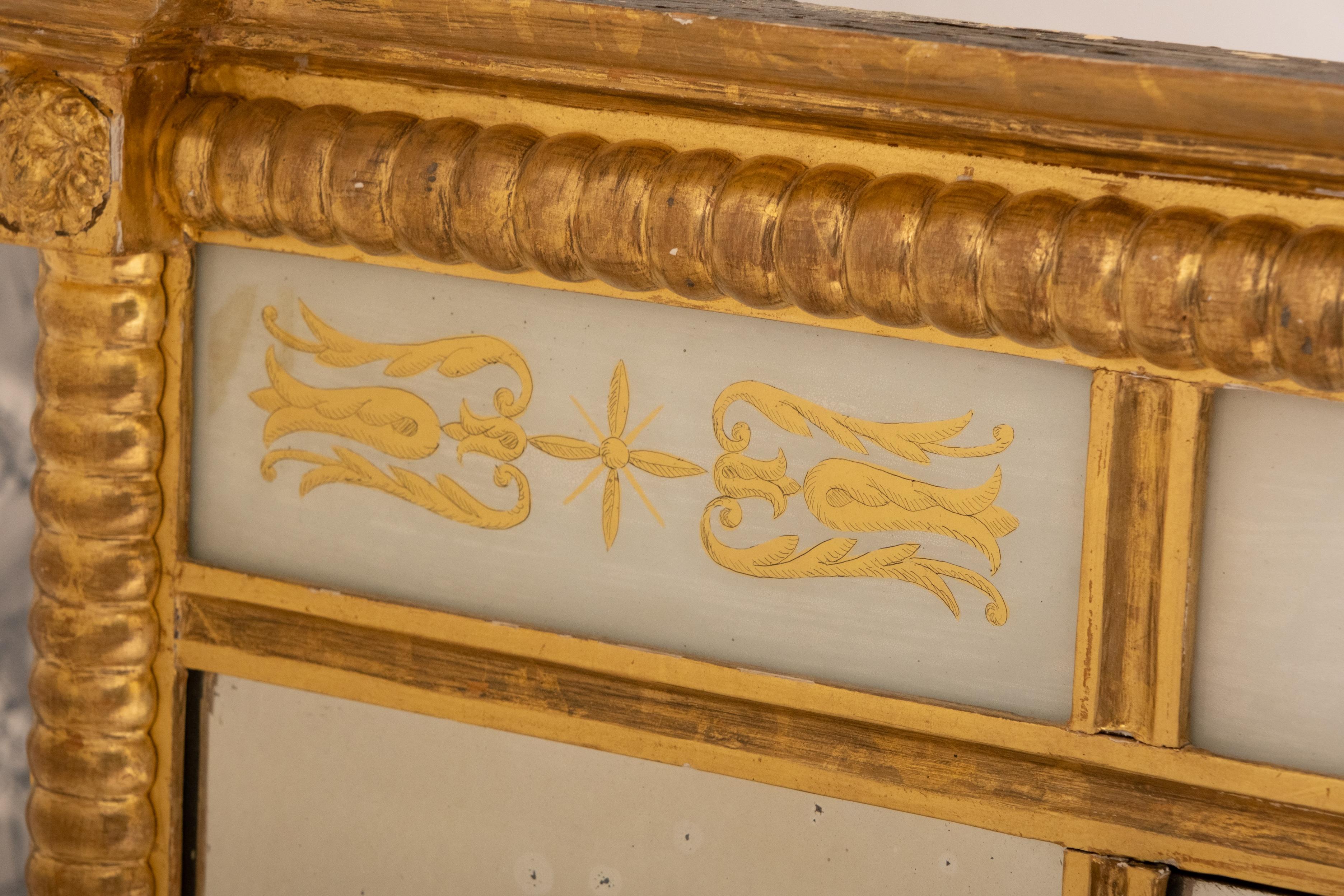 Carved  Federal Period Gilt and Eglomise Over Mantle Mirror In Good Condition In Hudson, NY