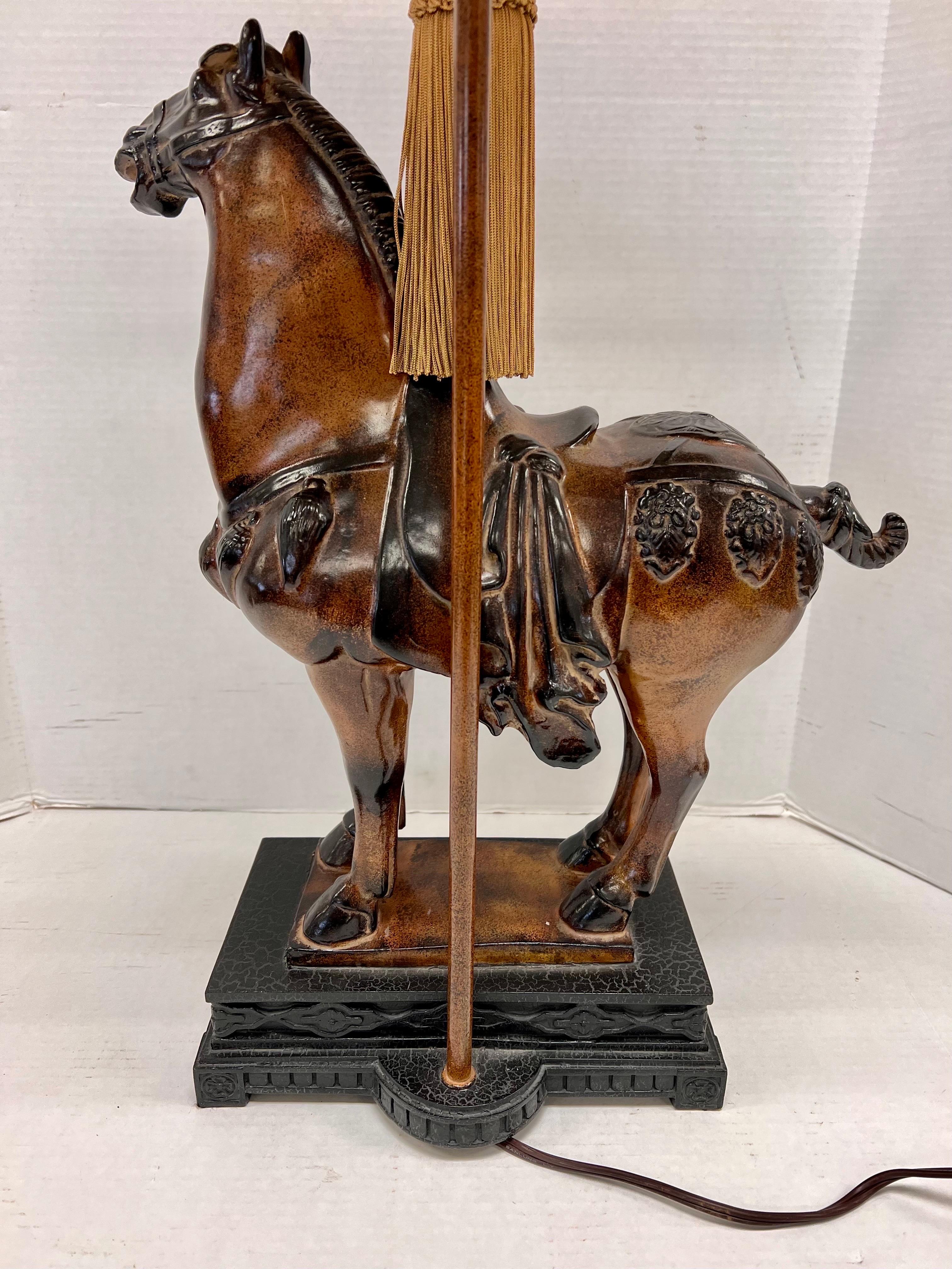 Chinese Export Carved Figural Chinese Tang Dynasty Horse Luxury Lamp with Suede Leather Shade