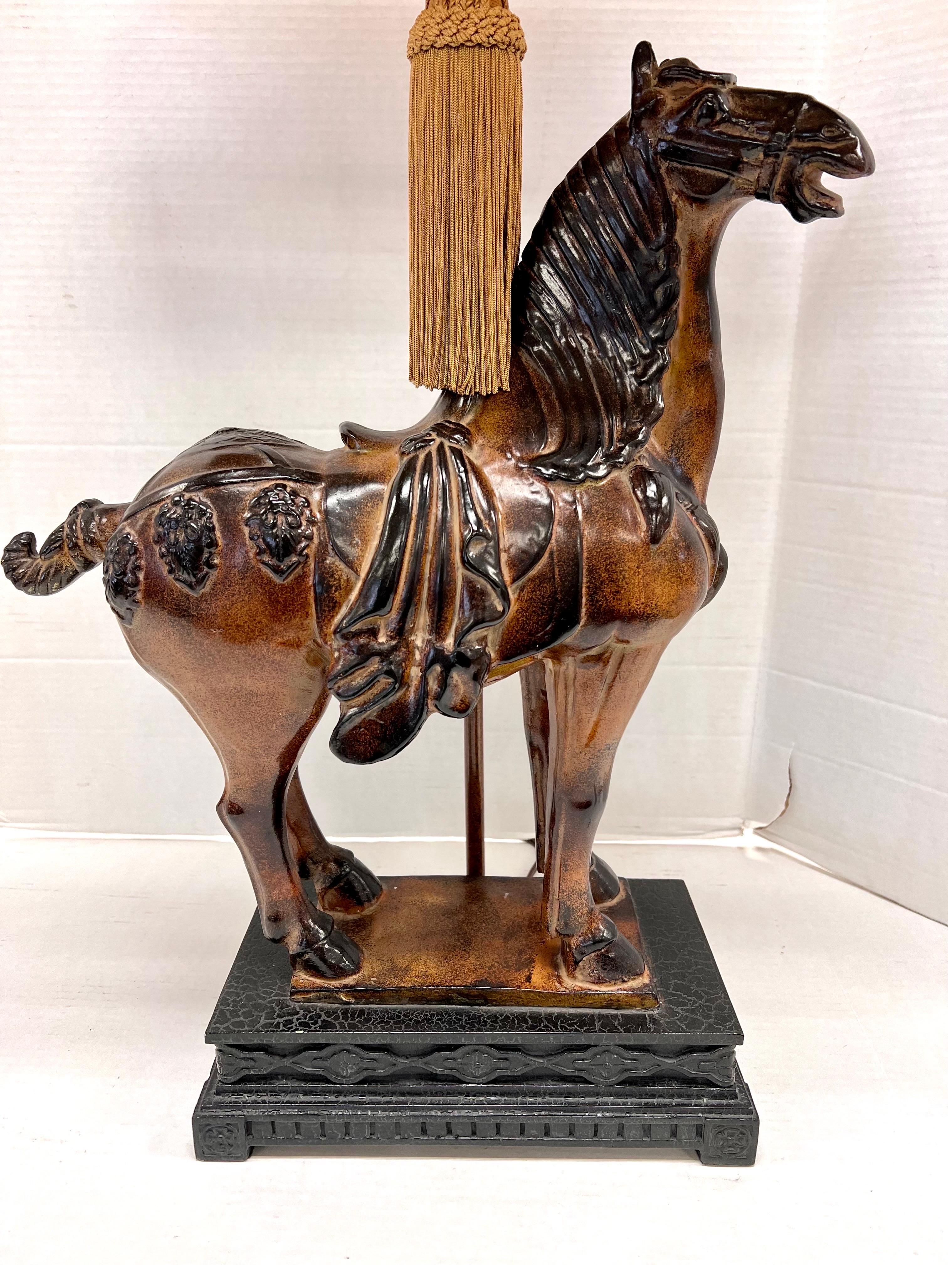 20th Century Carved Figural Chinese Tang Dynasty Horse Luxury Lamp with Suede Leather Shade