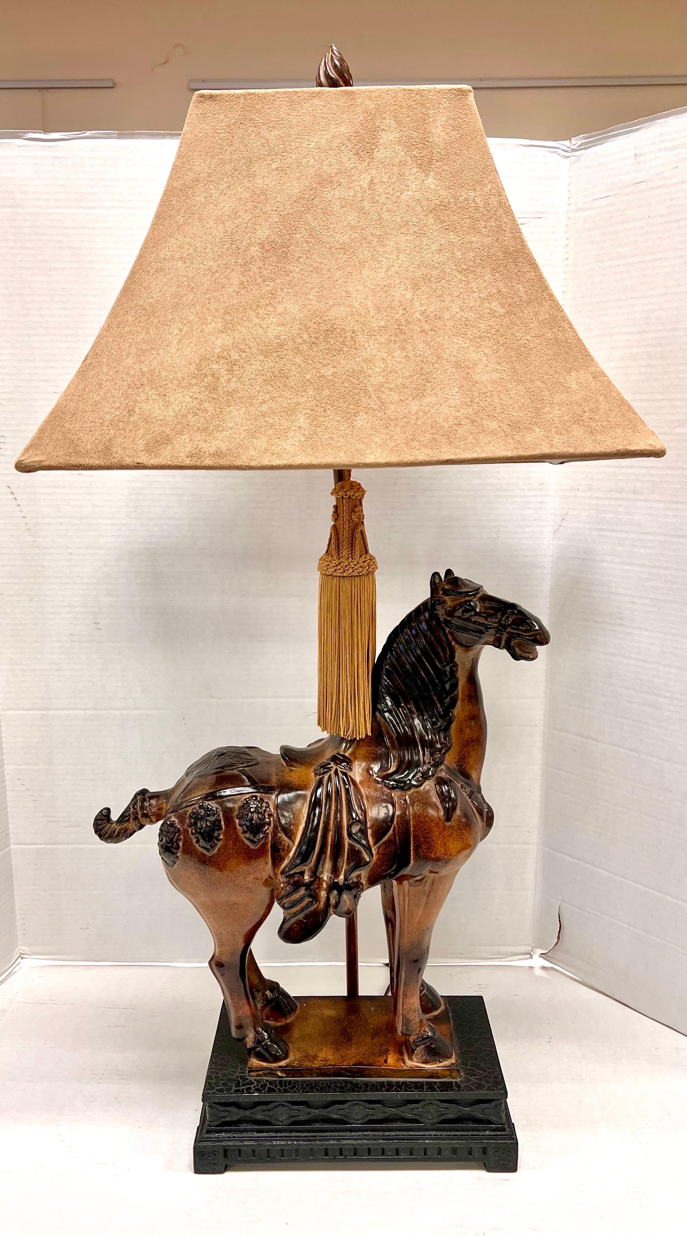 Carved Figural Chinese Tang Dynasty Horse Luxury Lamp with Suede Leather Shade 1