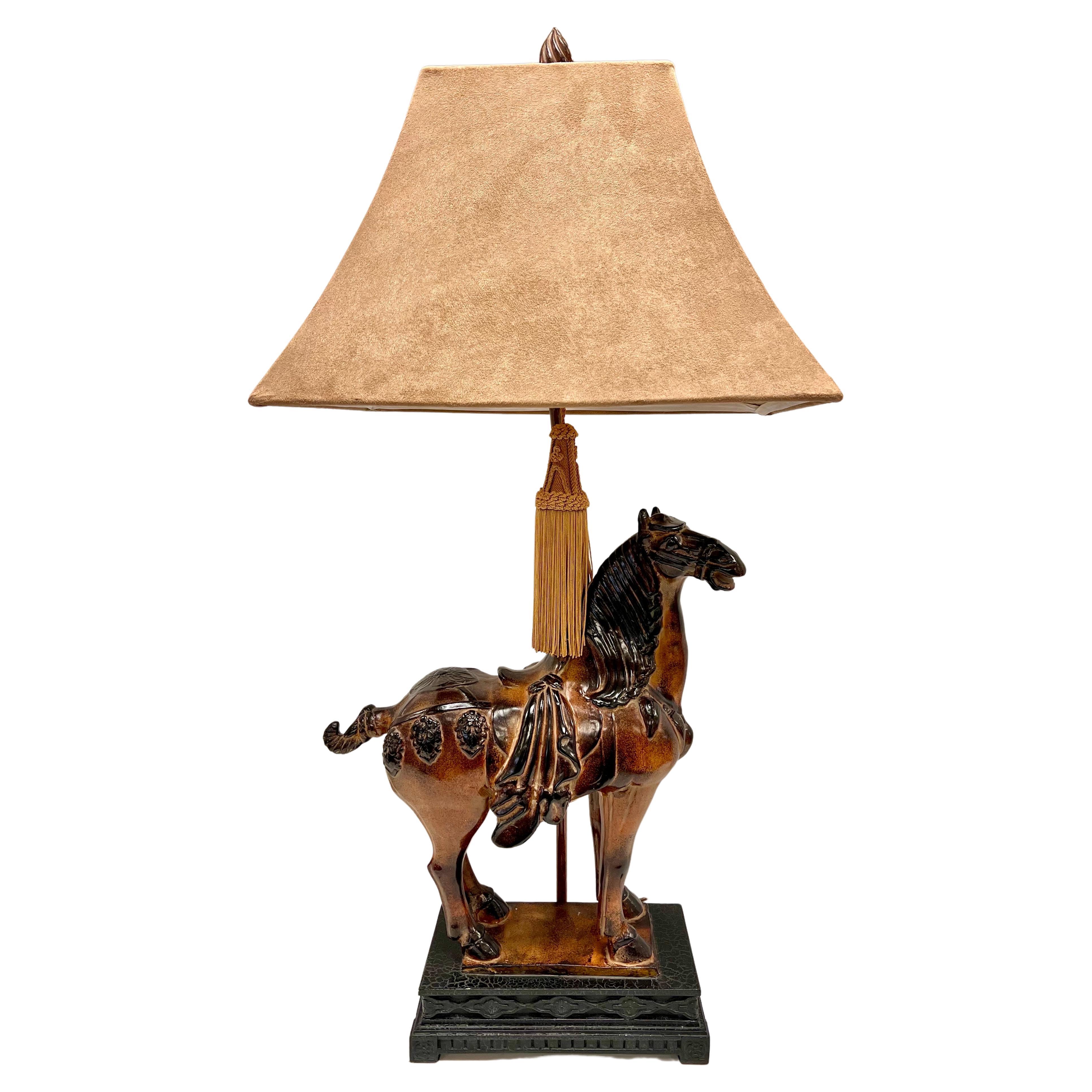 Carved Figural Chinese Tang Dynasty Horse Luxury Lamp with Suede Leather Shade