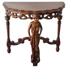 Carved Figural Roccoco Style Walnut Burl Top Console Table