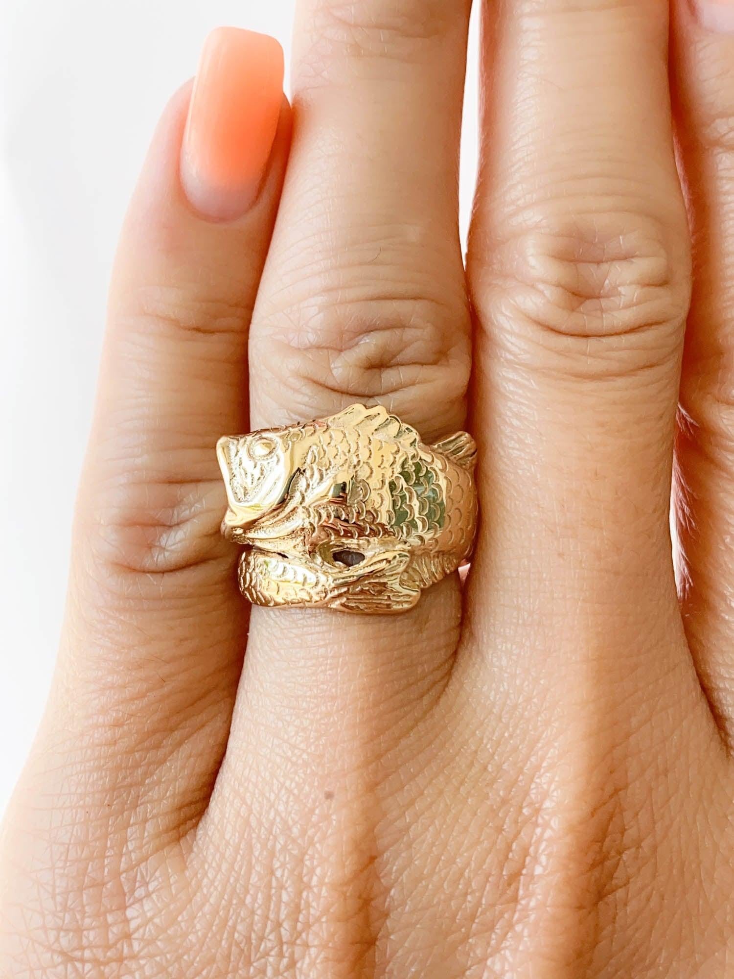 Geschnitzter Fisch Wrap Finger Einzigartiger Ring 14K Gold 8,5g R6551 im Angebot 2