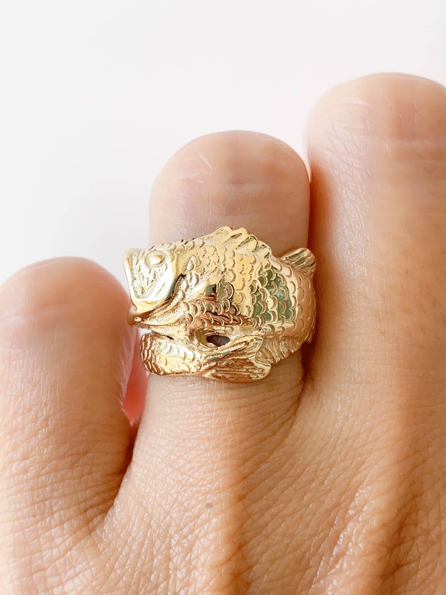 Geschnitzter Fisch Wrap Finger Einzigartiger Ring 14K Gold 8,5g R6551 im Angebot 3