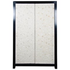 Carved Floral 2 Door Armoire - Cream Lacquer by Robert Kuo, Limited Edition