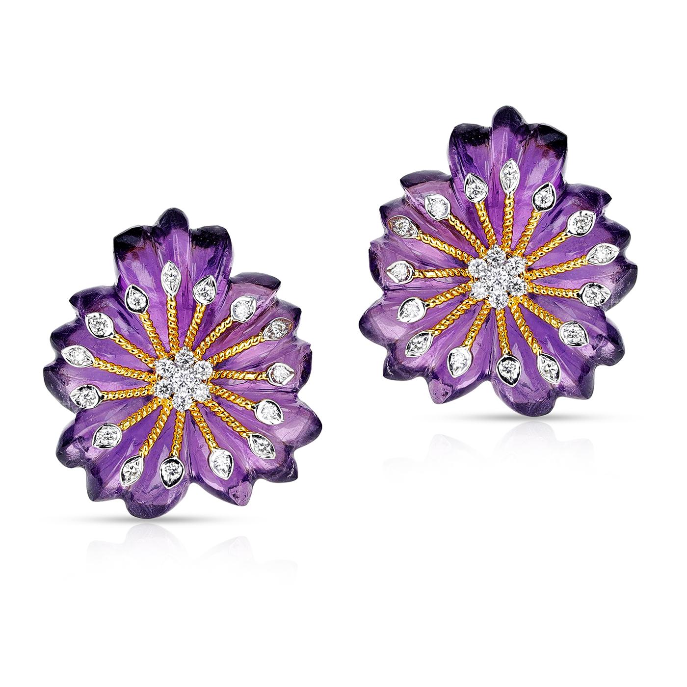 A floral carved pair of Amethyst Earrings with gold work and diamonds. Diamond Weight: 0.45 cts, Amethyst: 44 cts.

14K Yellow Gold.

Diameter: ¾ Inches.

Matching Ring available.

Metal type and stones can be customized.