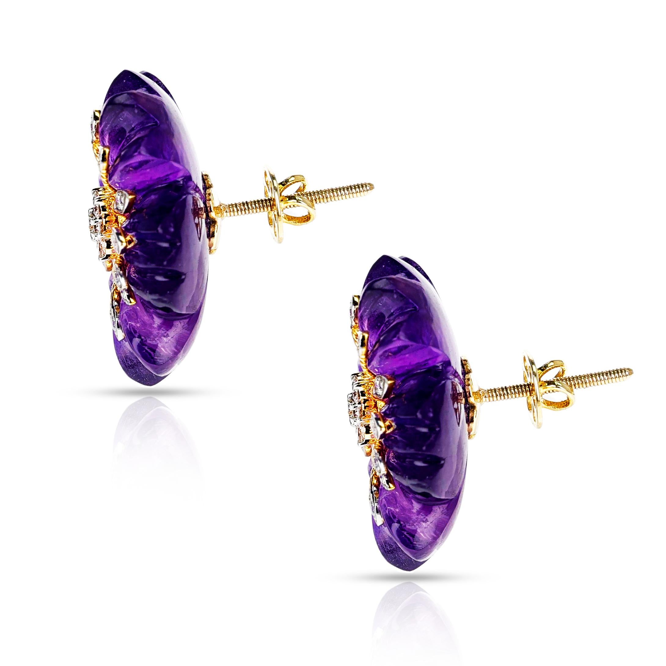 Round Cut Carved Floral Amethyst Earrings with Diamonds, 14K