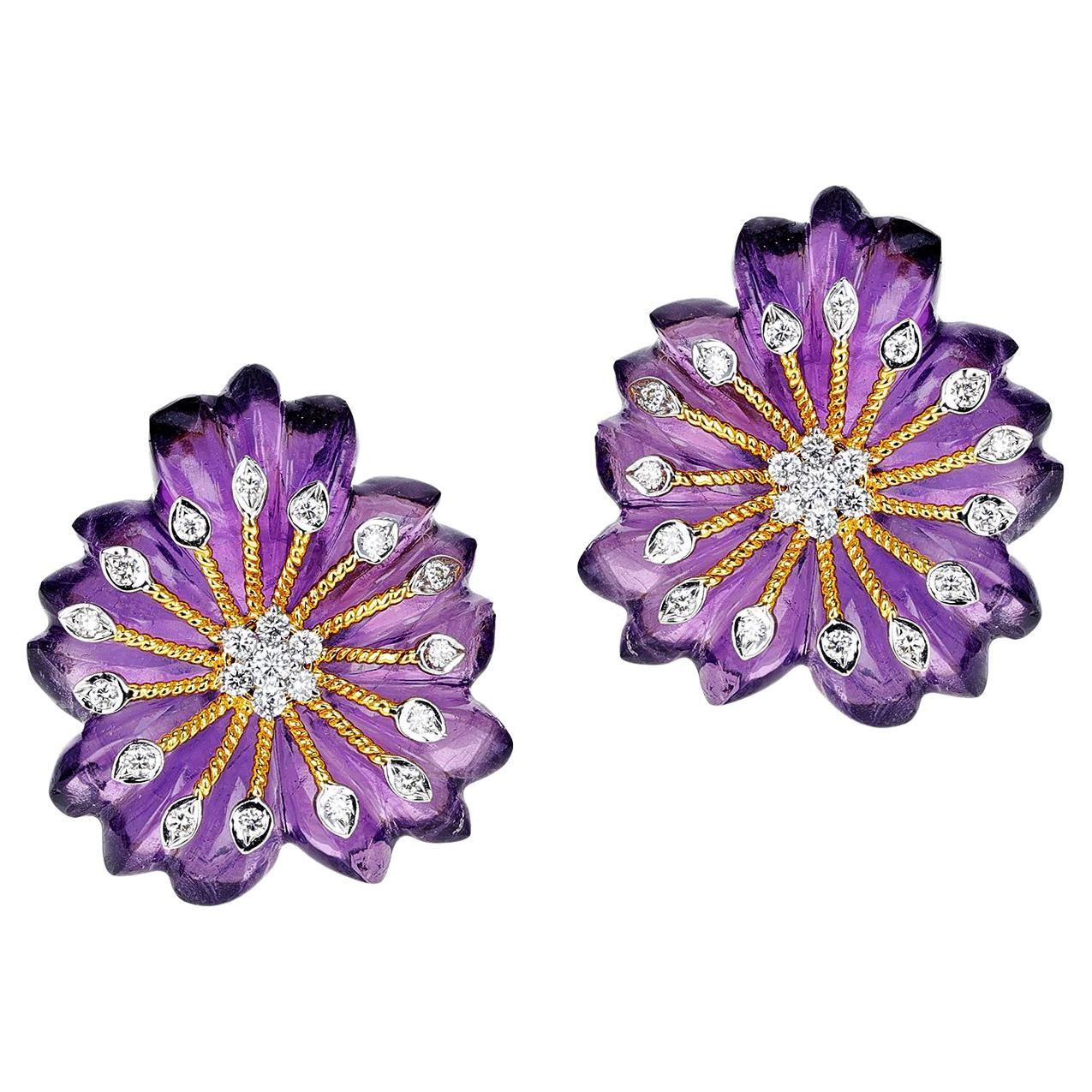 Carved Floral Amethyst Earrings with Diamonds, 14K