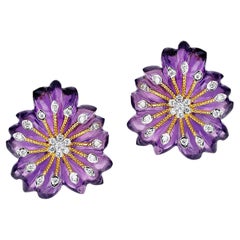 Carved Floral Amethyst Earrings with Diamonds, 14K