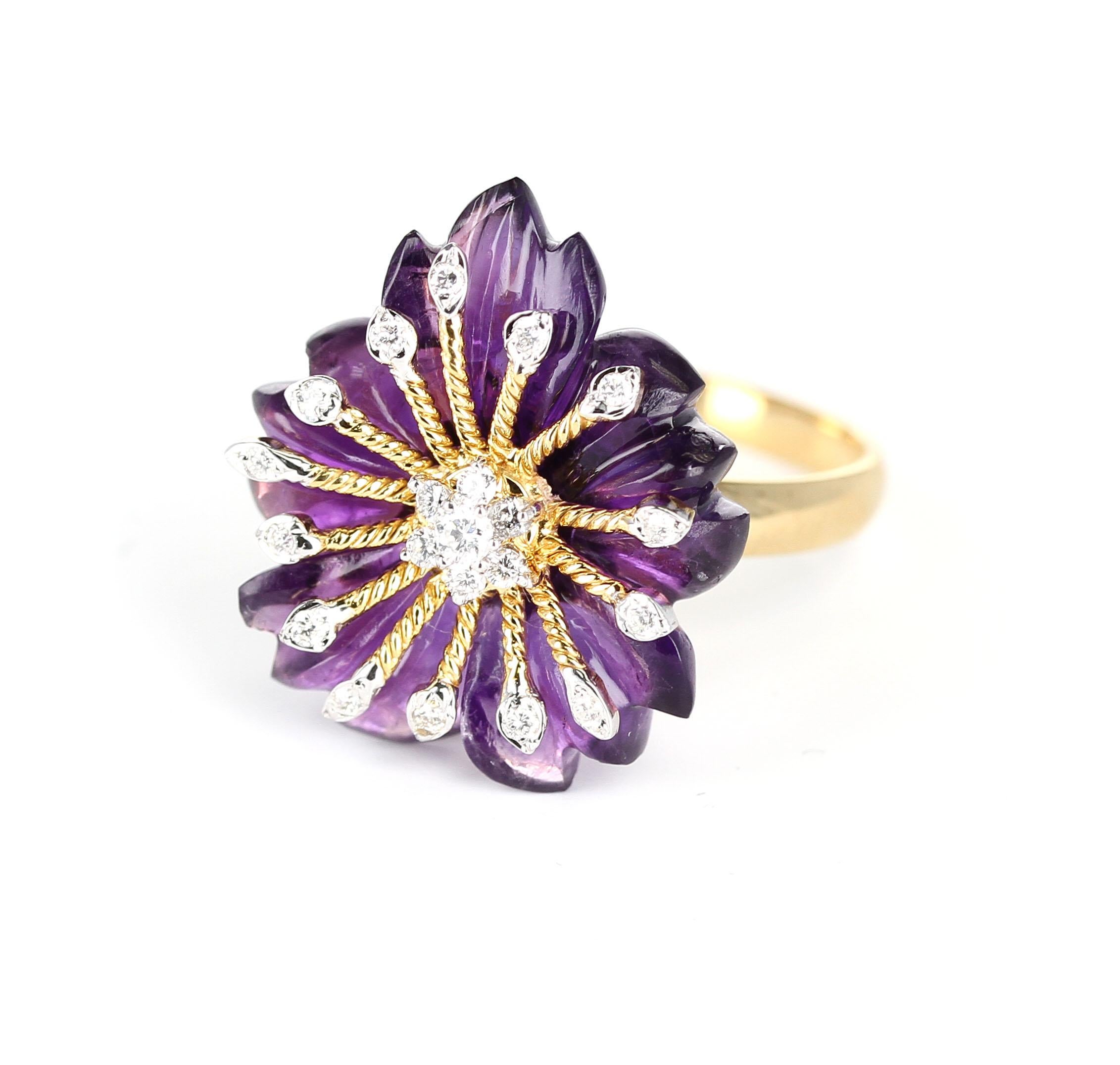 Round Cut Carved Floral Amethyst Ring with Diamonds