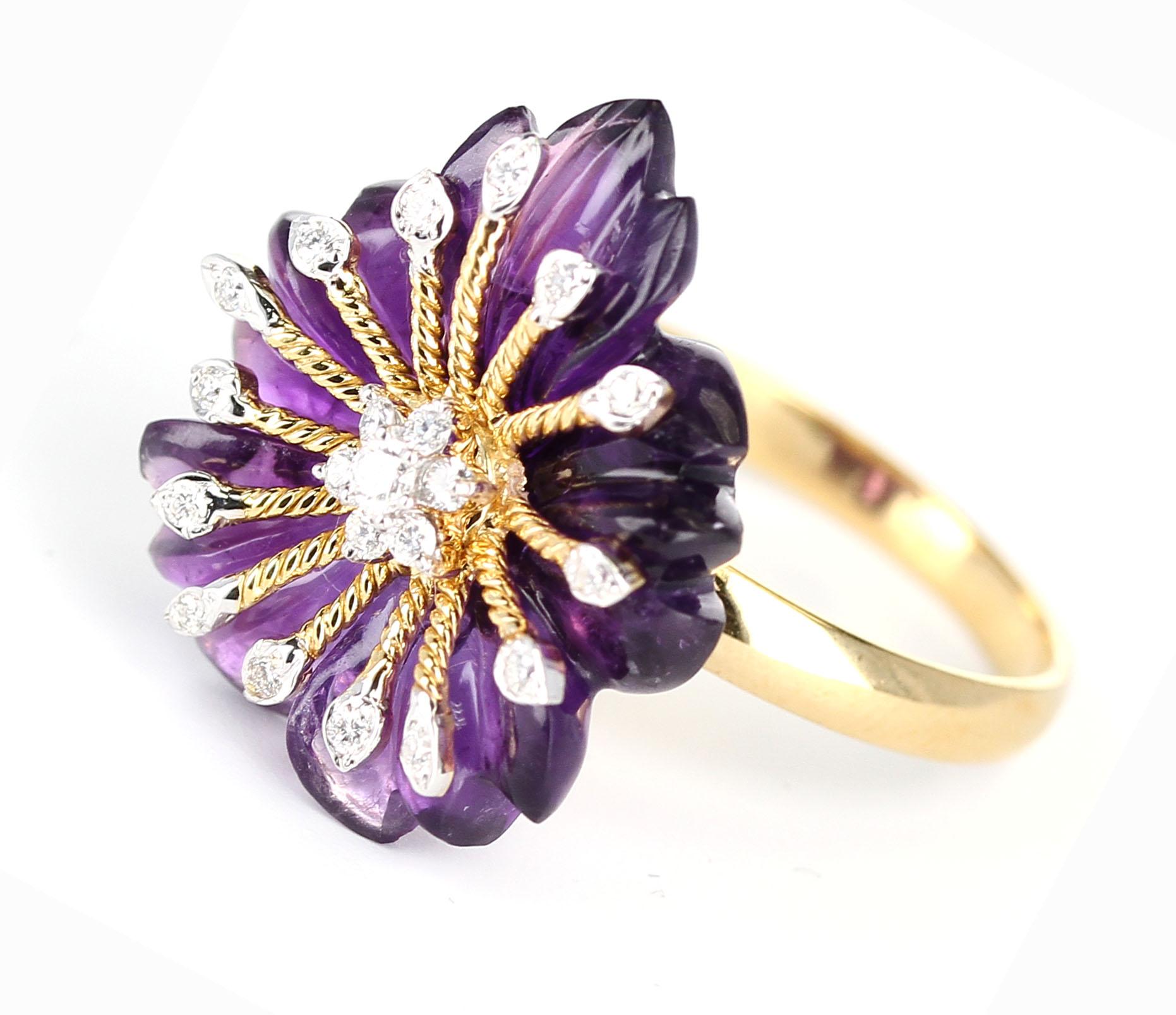 Carved Floral Amethyst Ring with Diamonds In New Condition In New York, NY