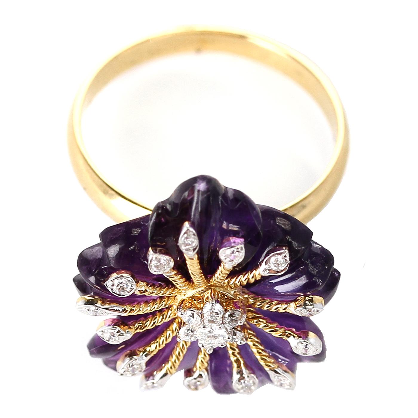 Women's or Men's Carved Floral Amethyst Ring with Diamonds