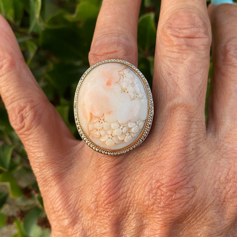 Baroque Revival Carved Floral Coral and Seed Pearl Victorian Ring 14 Karat Yellow Gold