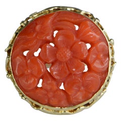 Carved Floral Coral Gold Ring