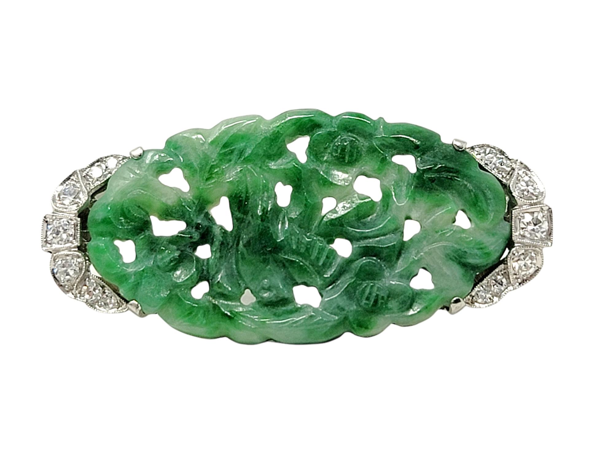 Art Deco Carved Floral Jadeite Brooch with Round Diamond Accents in 14 Karat White Gold For Sale