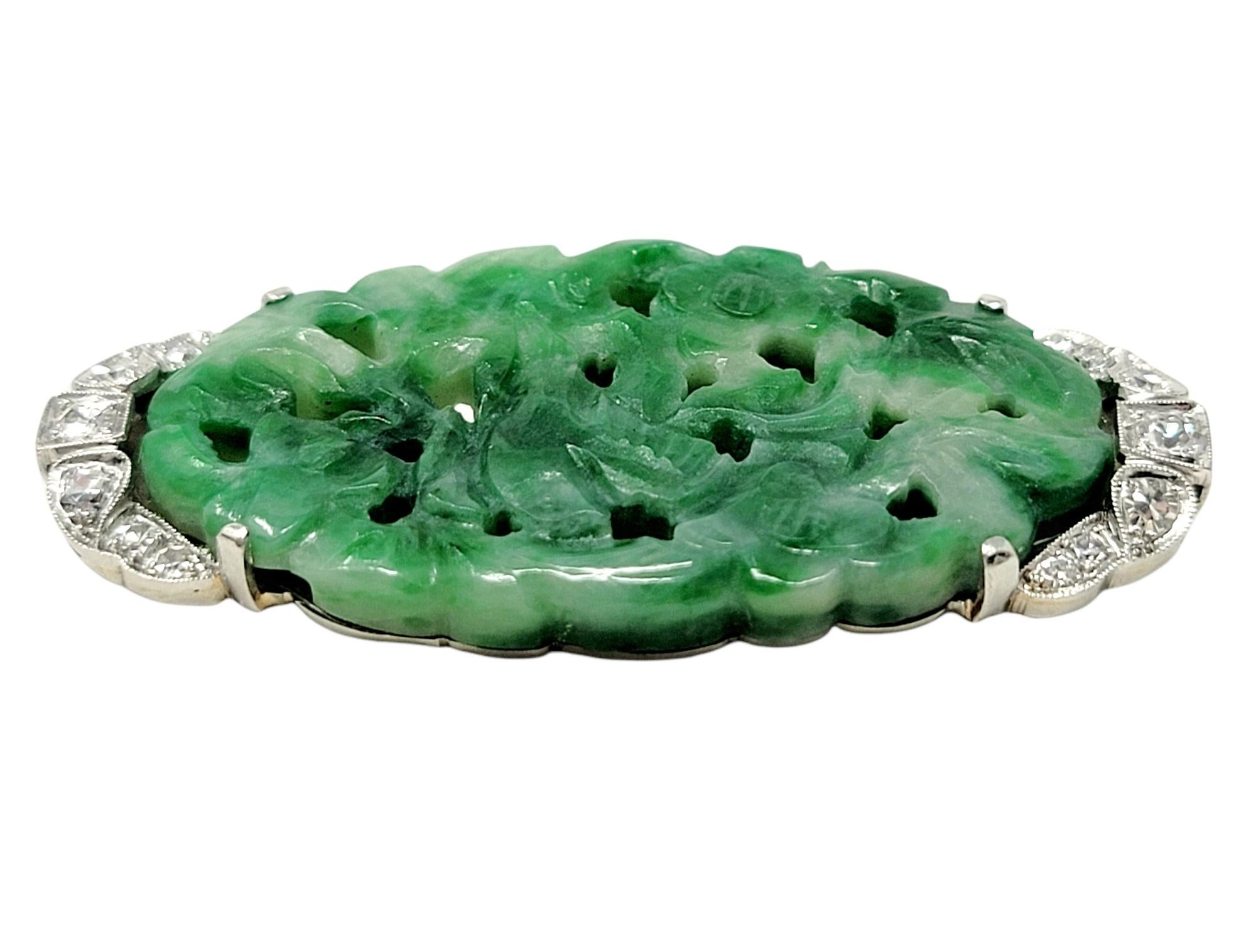 Round Cut Carved Floral Jadeite Brooch with Round Diamond Accents in 14 Karat White Gold For Sale