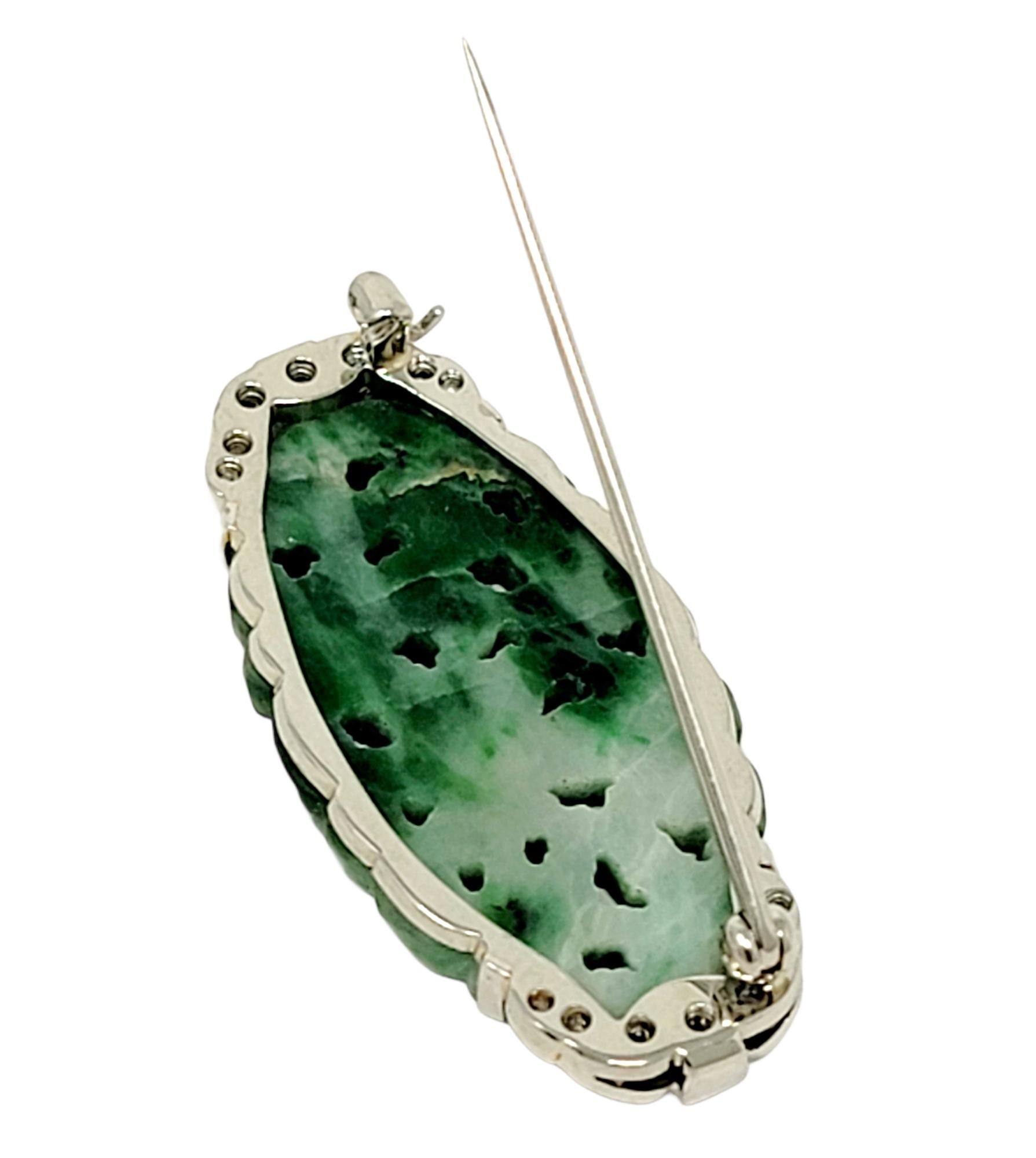 Women's Carved Floral Jadeite Brooch with Round Diamond Accents in 14 Karat White Gold For Sale
