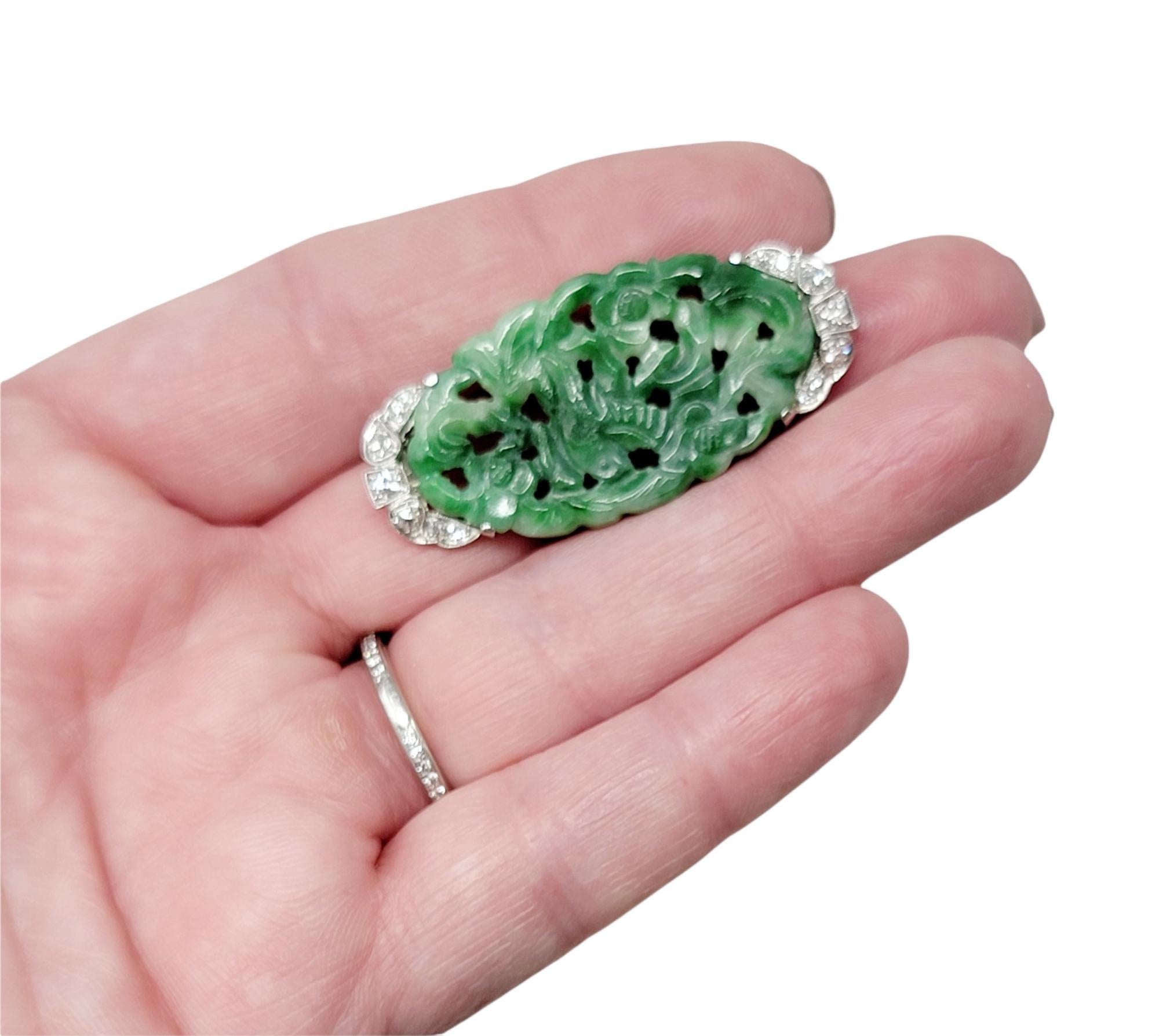 Carved Floral Jadeite Brooch with Round Diamond Accents in 14 Karat White Gold For Sale 3