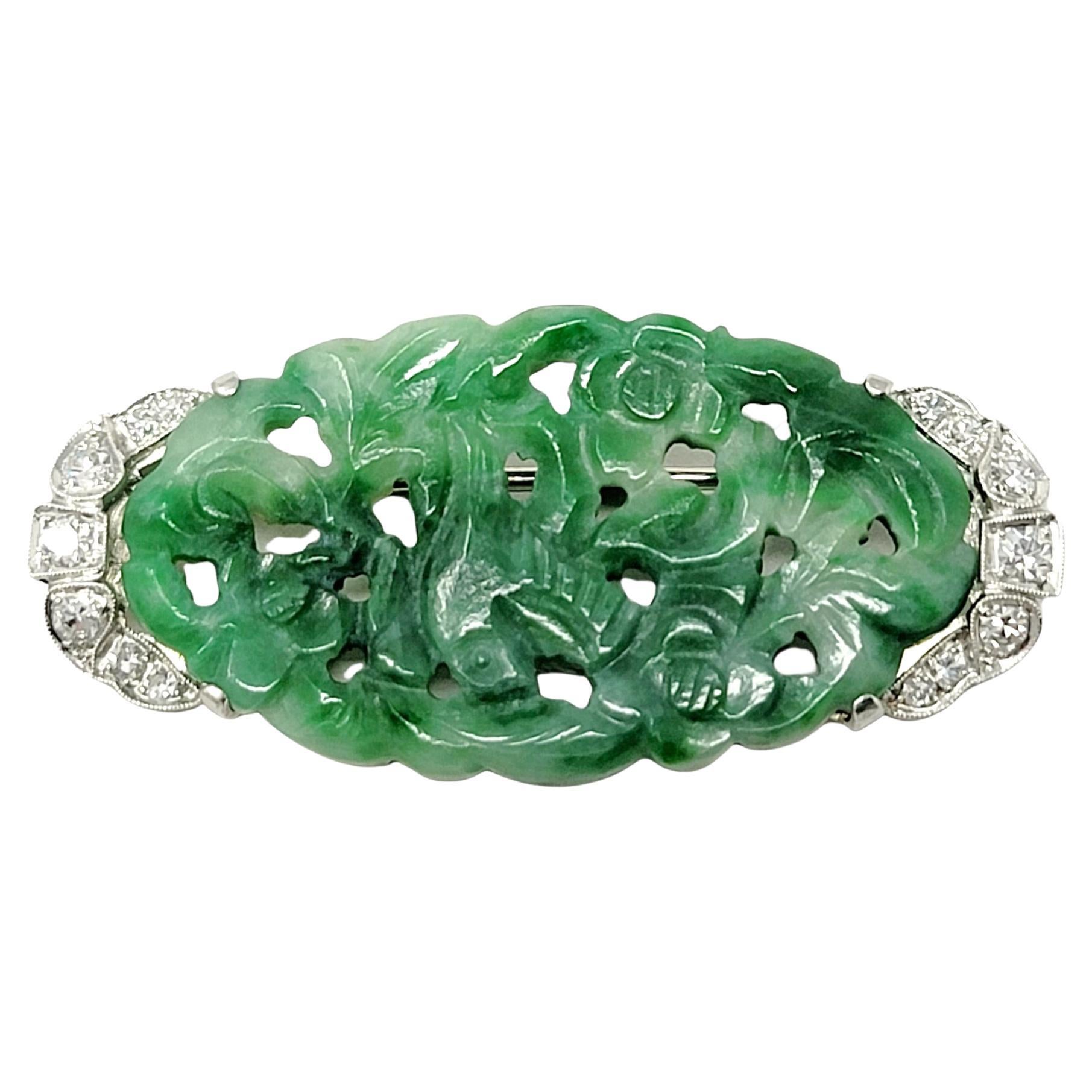 Carved Floral Jadeite Brooch with Round Diamond Accents in 14 Karat White Gold For Sale