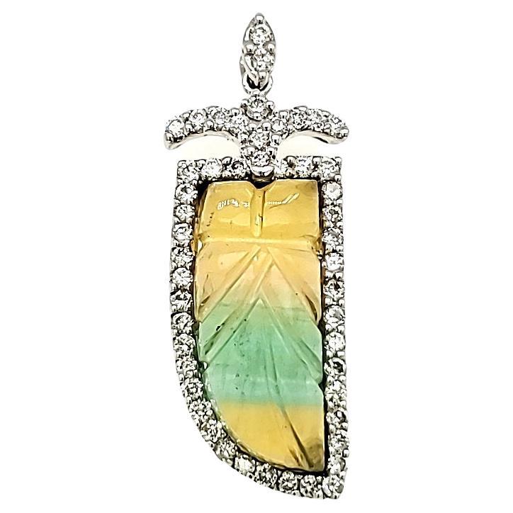 Carved Flourite Leaf Pendant with Diamonds Cts 0.66 Set in 18K White Gold
