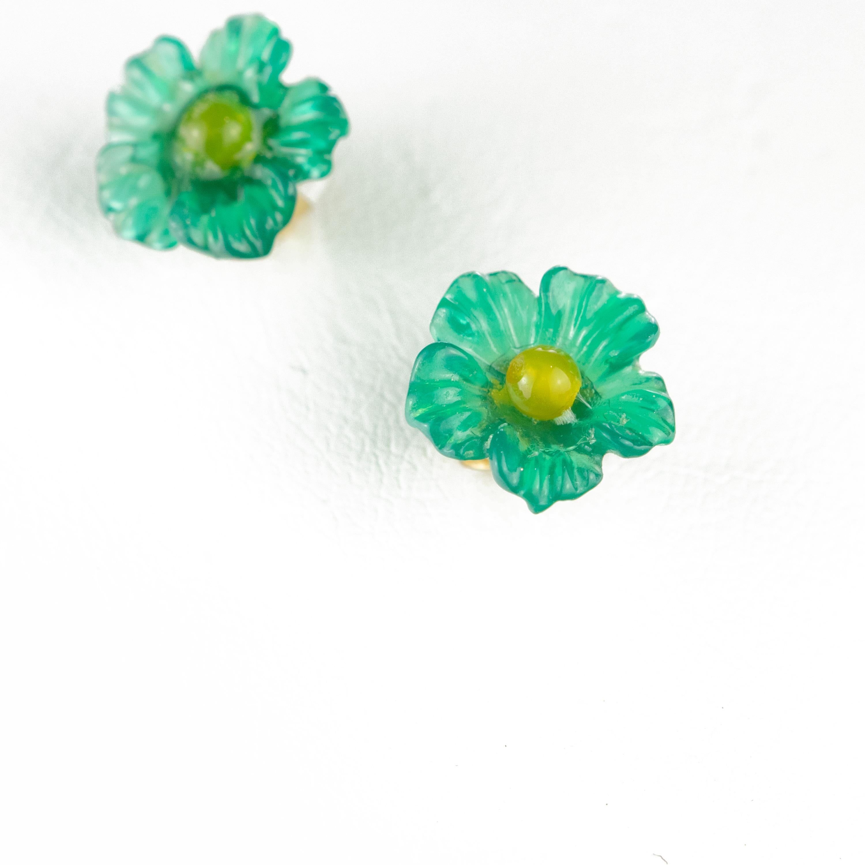 Mixed Cut Carved Flower 14 Karat Gold Blue Green Yellow Agate Stud Crafted Girl Earrings For Sale