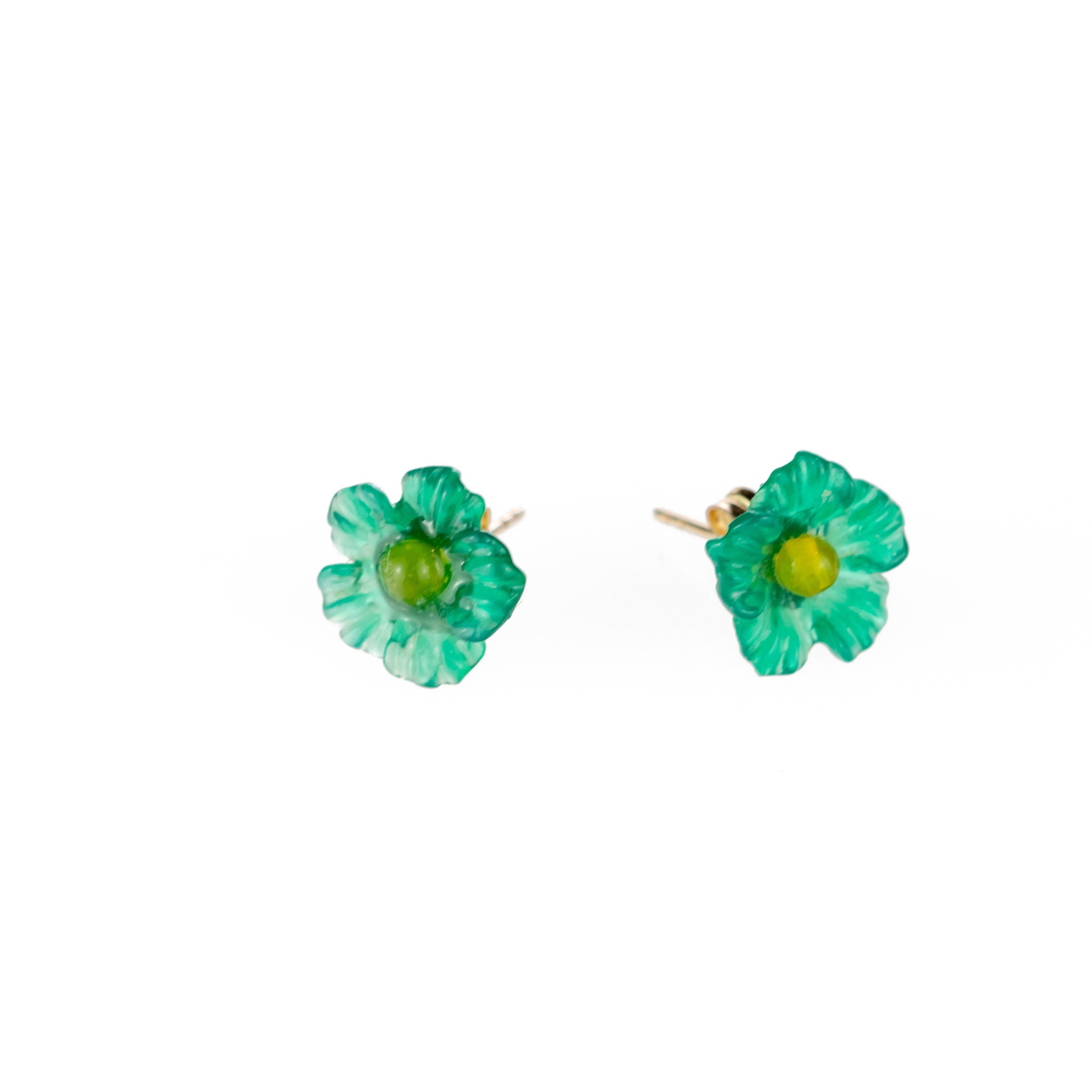Women's Carved Flower 14 Karat Gold Blue Green Yellow Agate Stud Crafted Girl Earrings For Sale