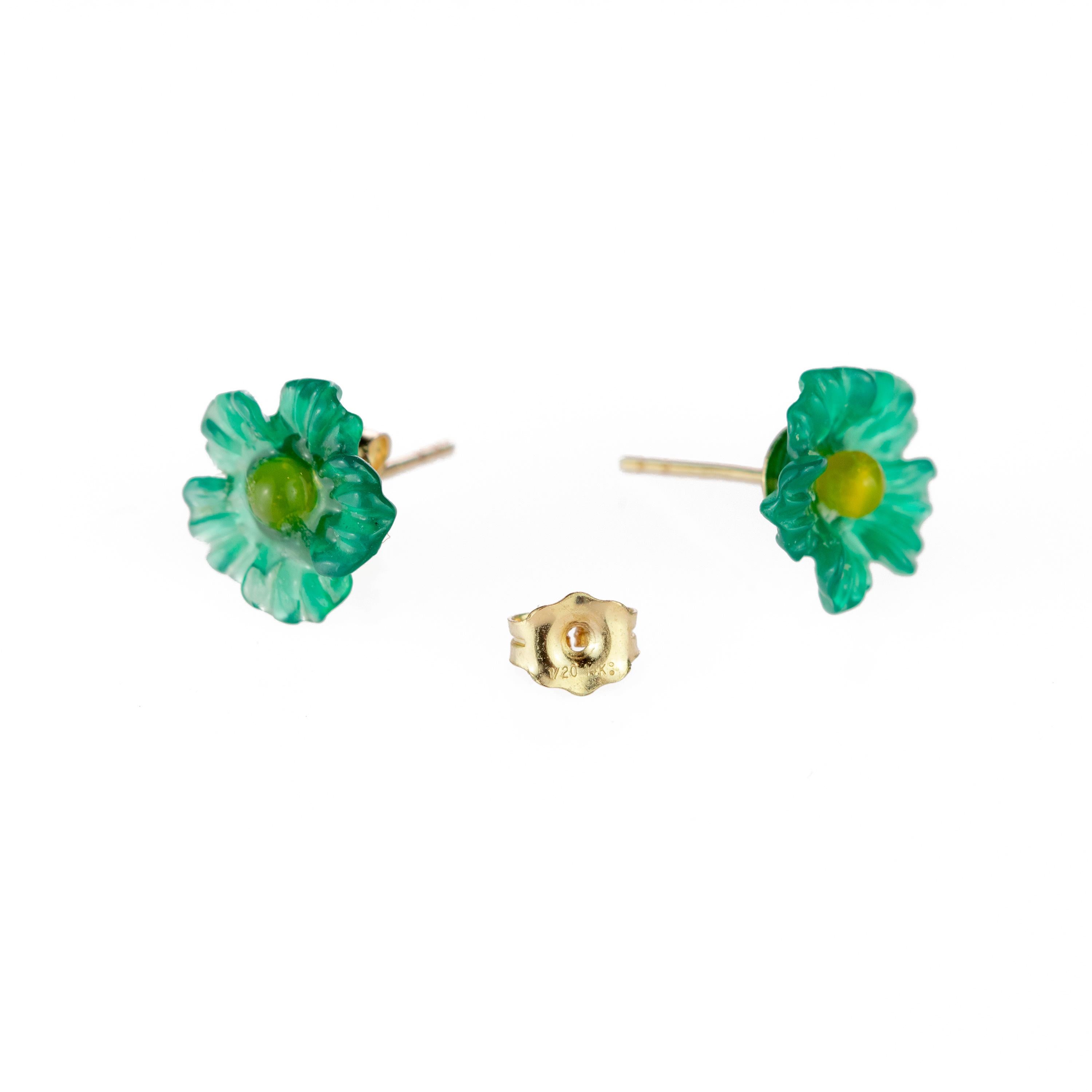 Carved Flower 14 Karat Gold Blue Green Yellow Agate Stud Crafted Girl Earrings For Sale 1