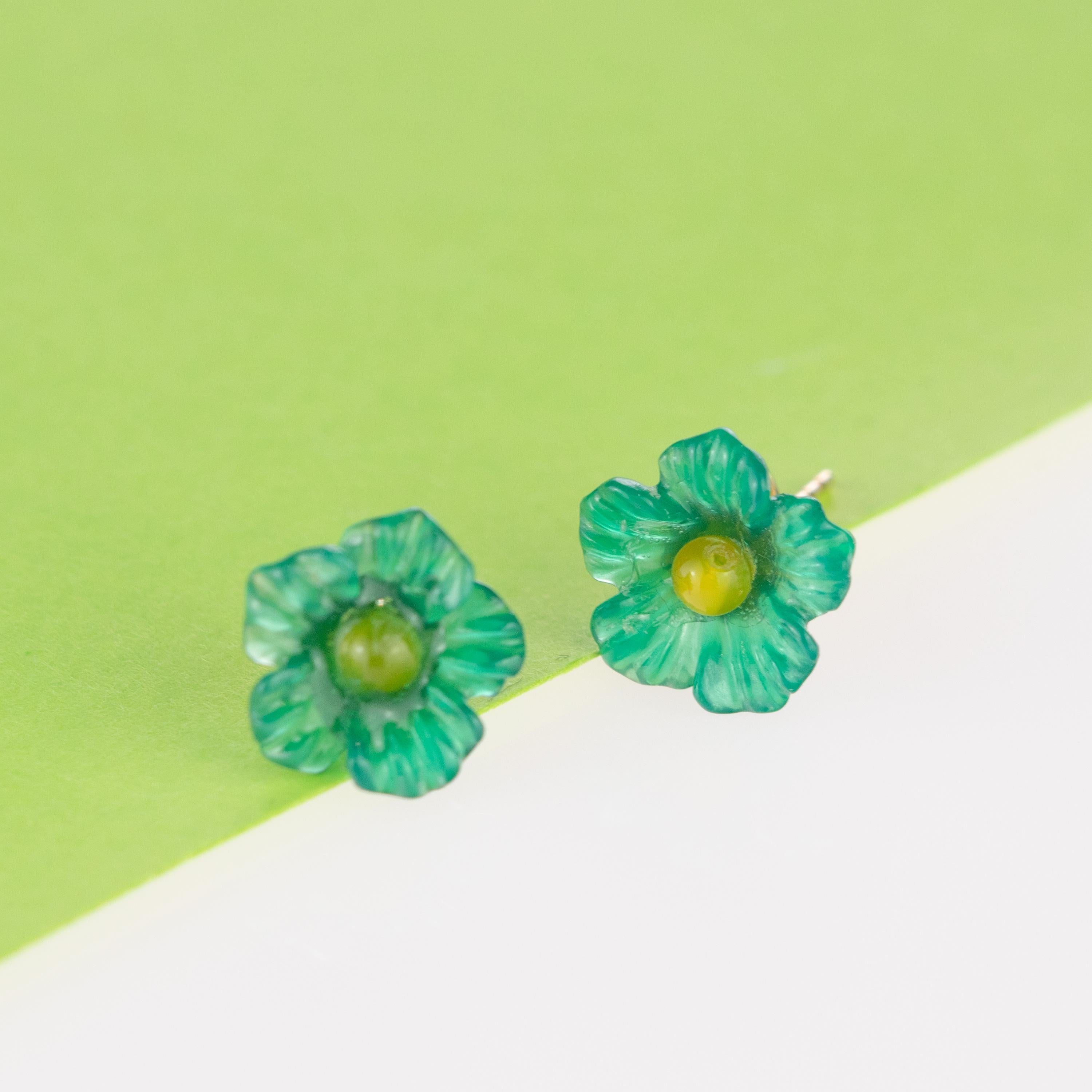 Carved Flower 14 Karat Gold Blue Green Yellow Agate Stud Crafted Girl Earrings For Sale 2