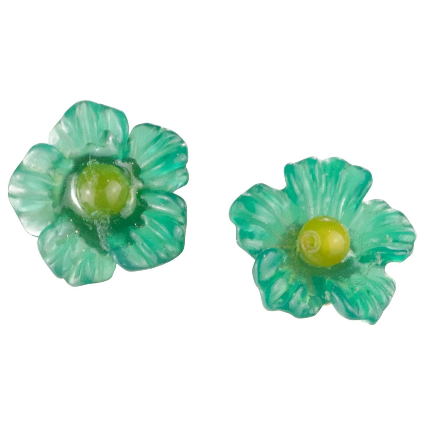 Carved Flower 14 Karat Gold Blue Green Yellow Agate Stud Crafted Girl Earrings For Sale