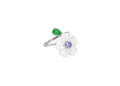 Carved Flower silver, gold ring with gemstones