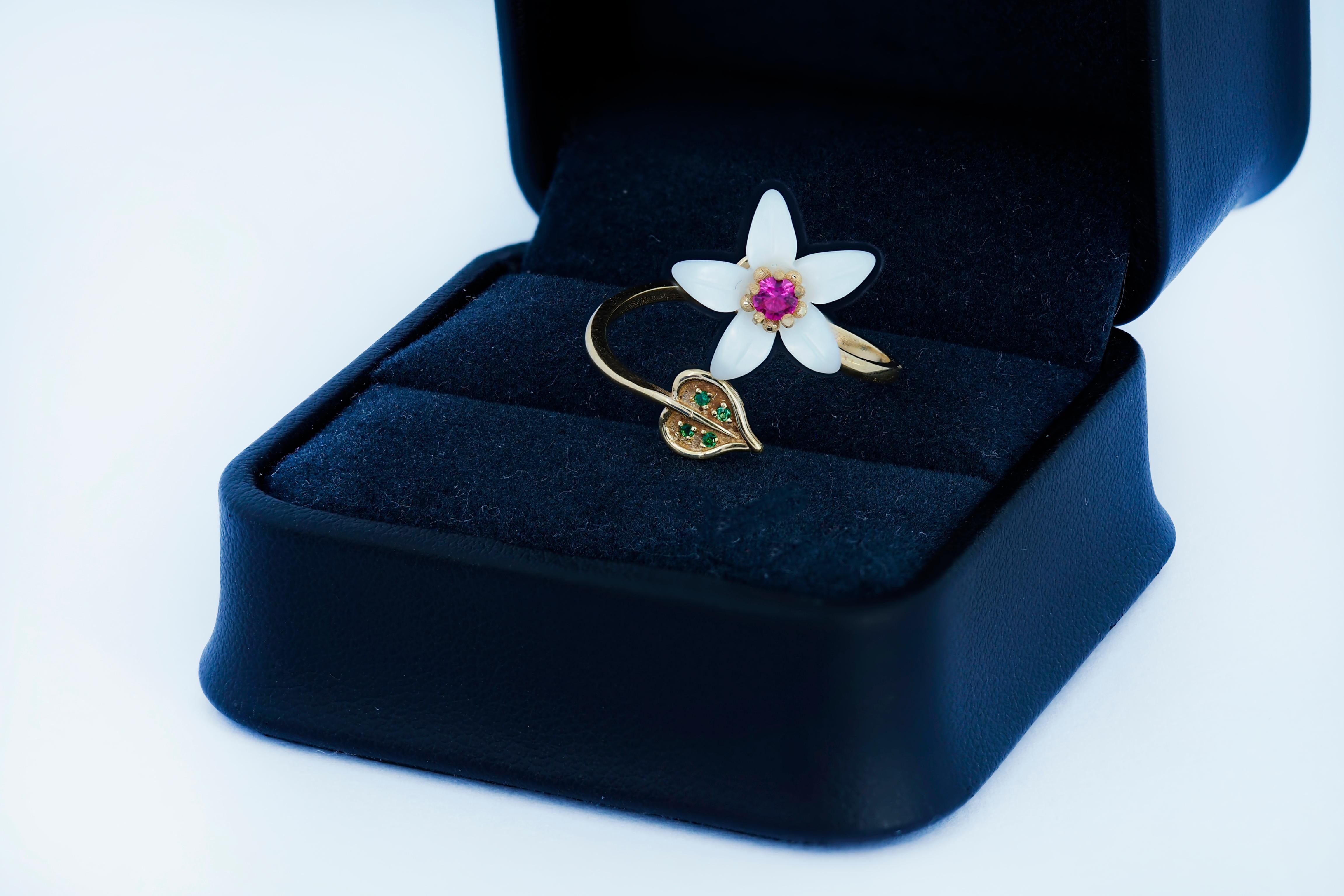 Modern Carved Flower 14k ring with gemstones